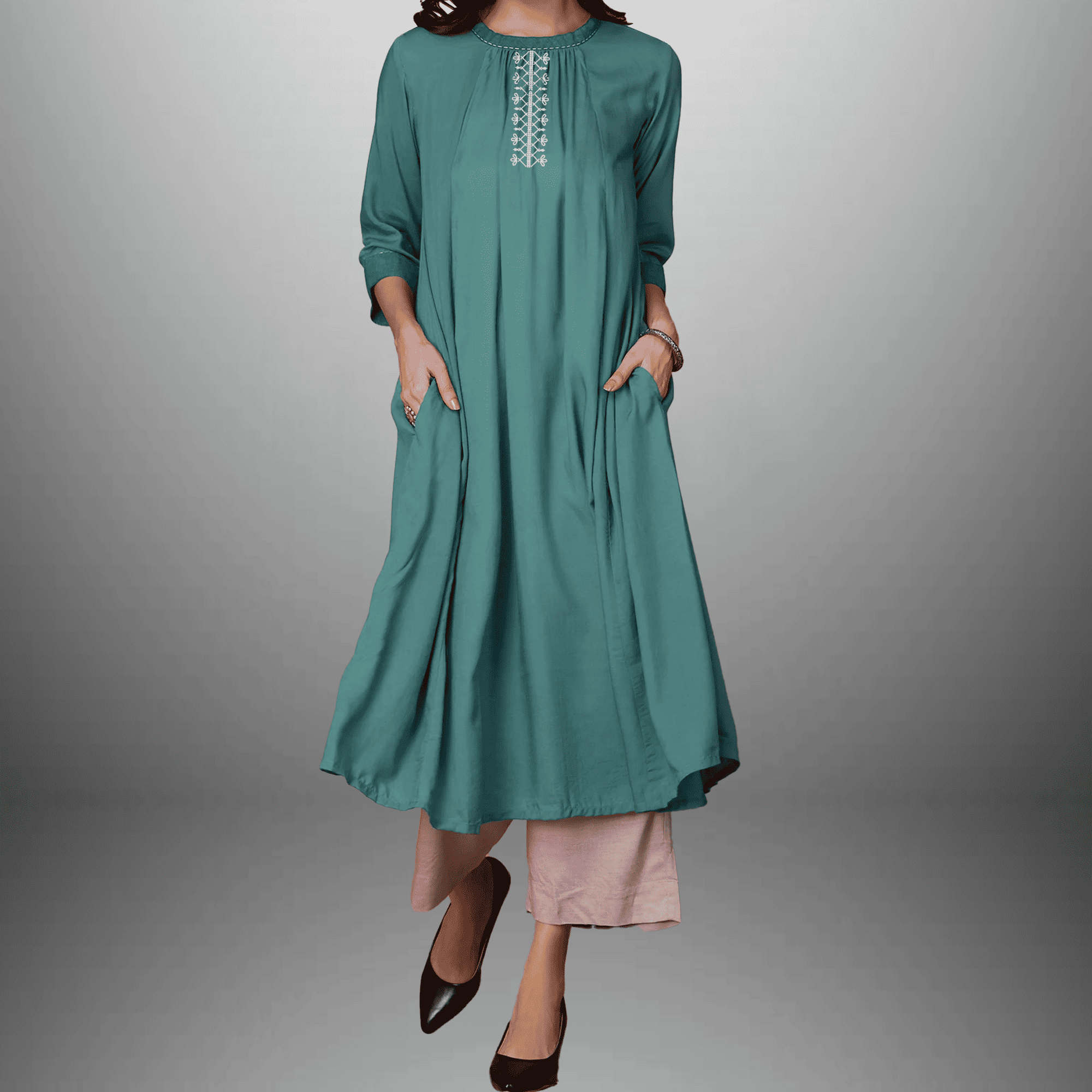 Women's Blue Yoke design Kurti with embroidery work and pockets with Bottom-RWKS081