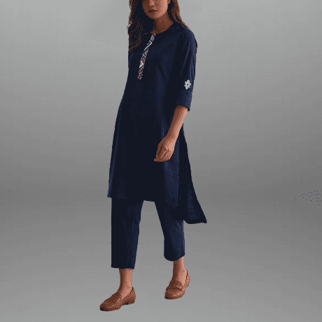 Women's Dark Blue Kurti set with Printed Patch work-RWKS078