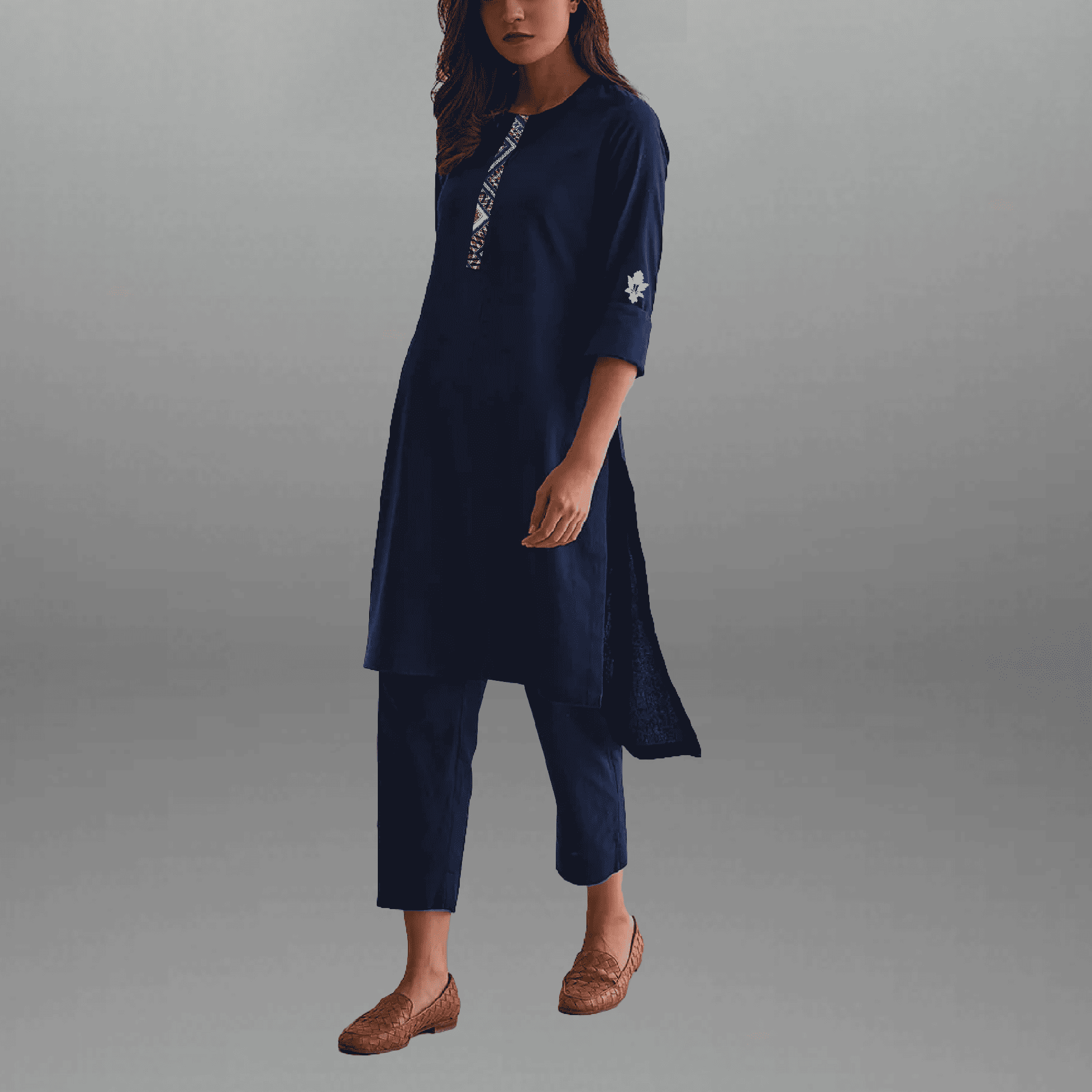 Women's Dark Blue Kurti set with Printed Patch work-RWKS078