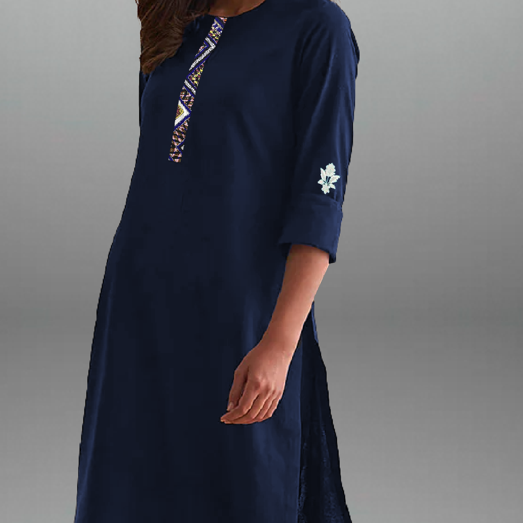 Women's Dark Blue Kurti set with Printed Patch work-RWKS078