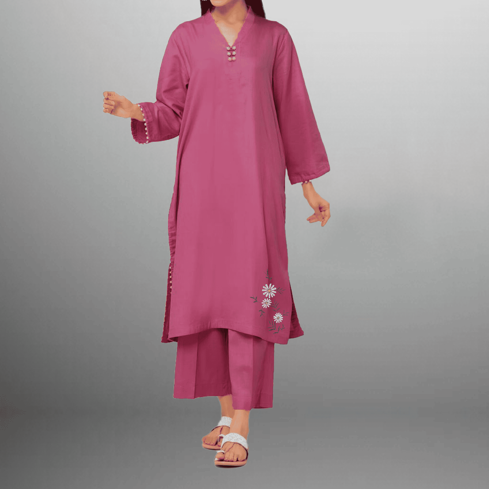 Women's Flamingo Pink kurti with pearl embellishment and Floral motif with pant-RWKS073