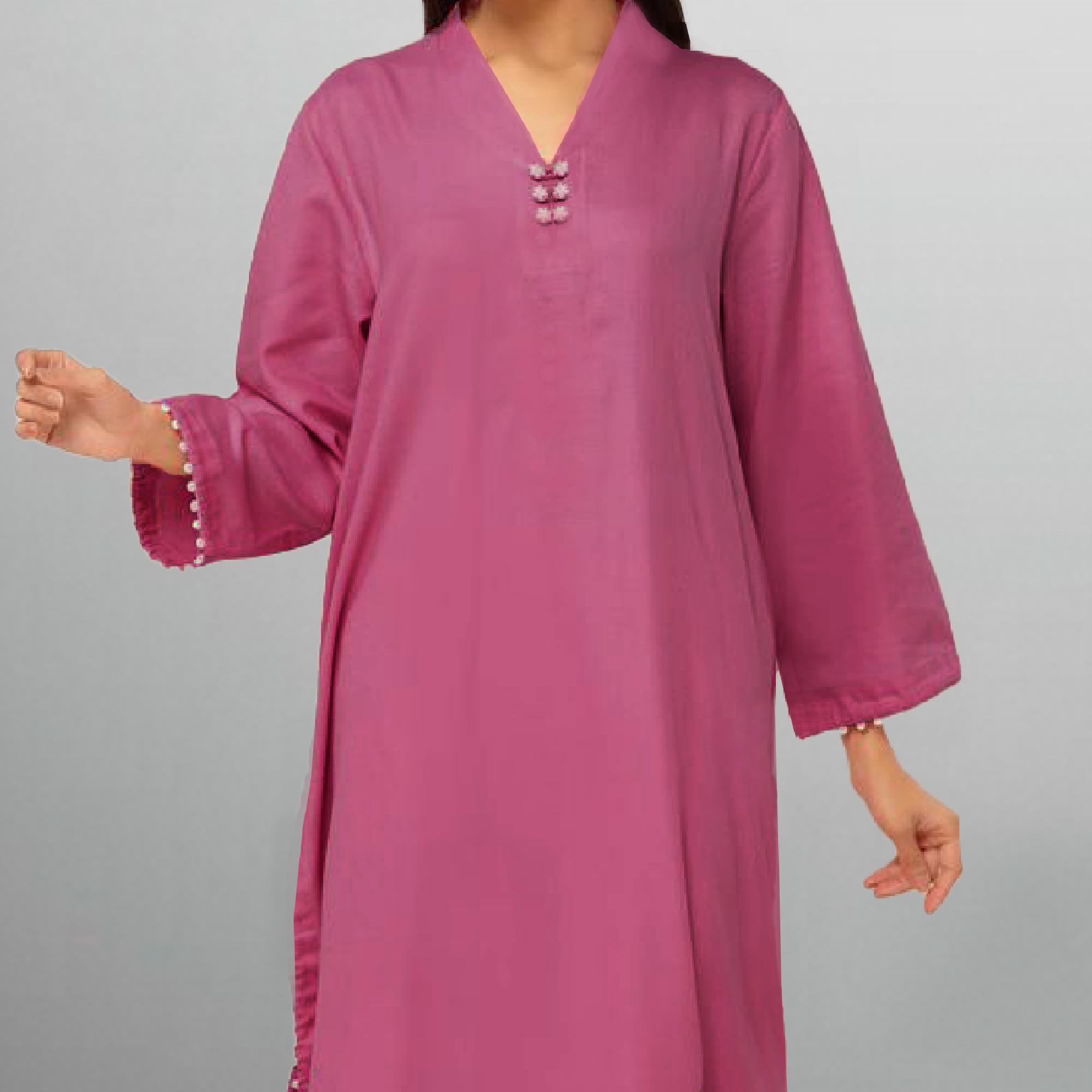 Women's Flamingo Pink kurti with pearl embellishment and Floral motif with pant-RWKS073
