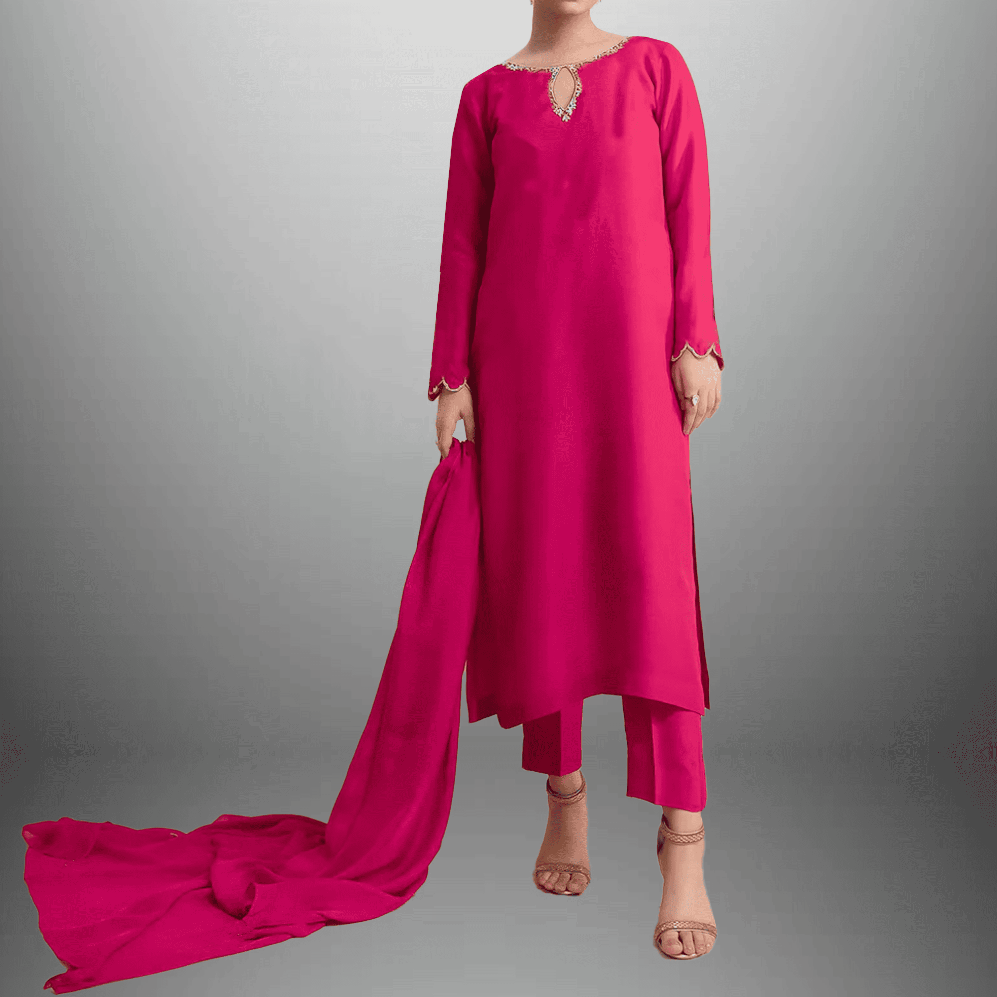 Women's Fuchsia Pink kurti with Pant and Dupatta-RWKS075