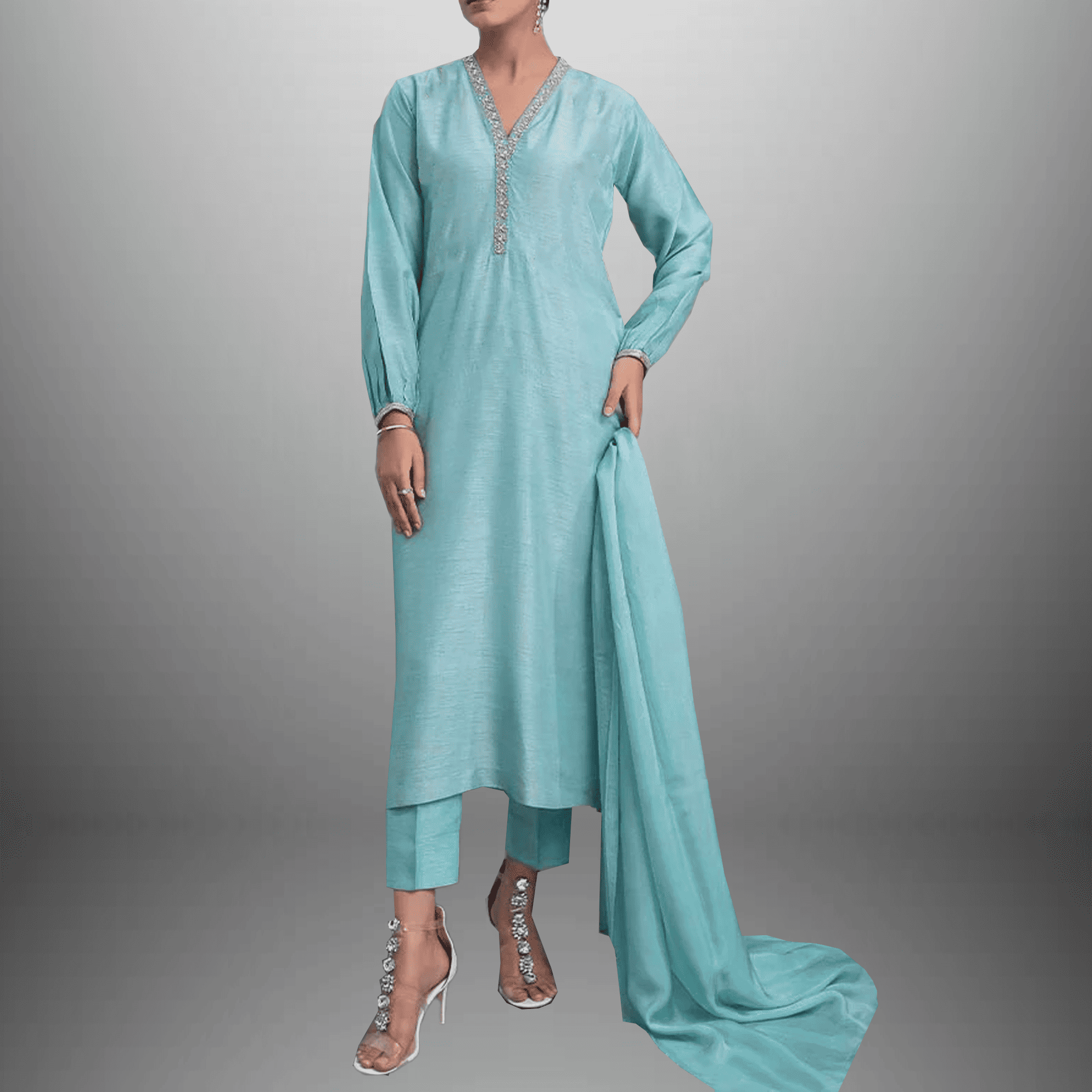 Women's Light Blue kurti of V neck with Pant and Dupatta-RWKS076