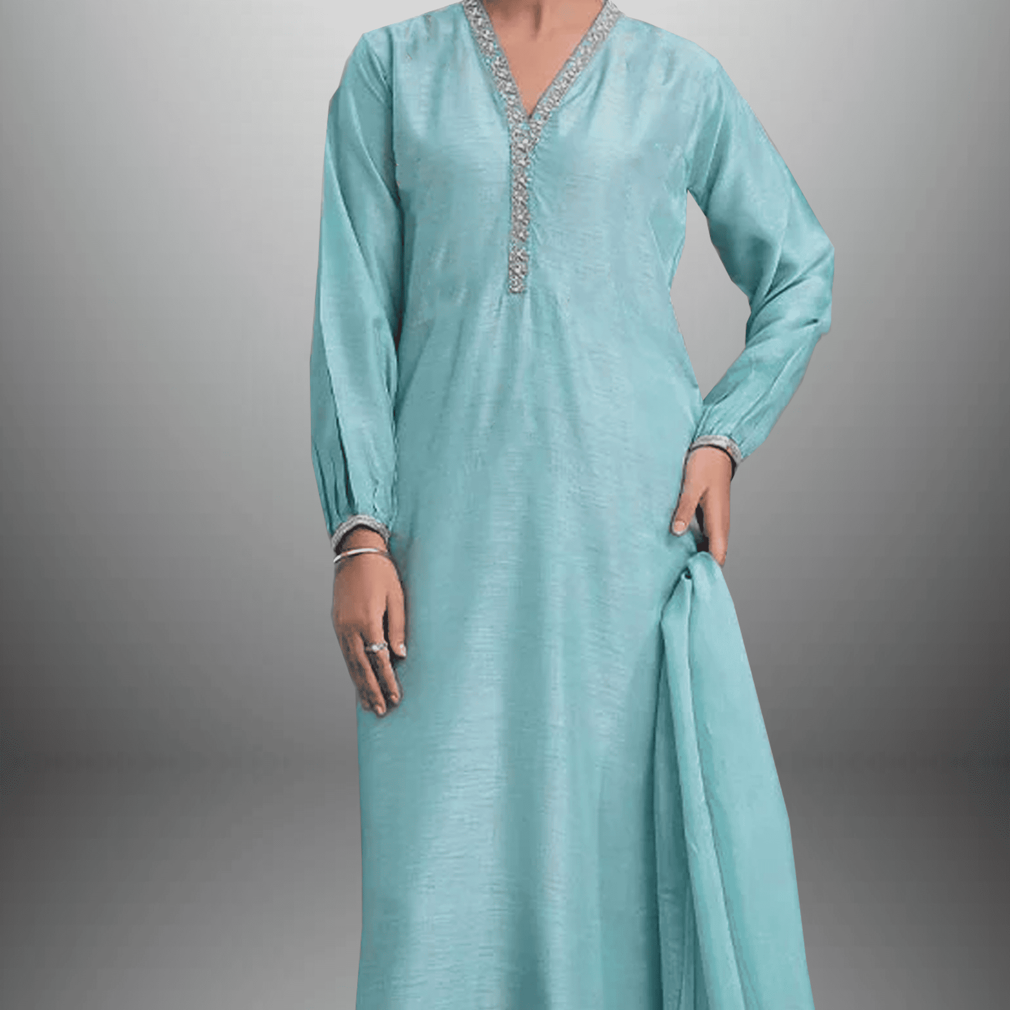 Women's Light Blue kurti of V neck with Pant and Dupatta-RWKS076