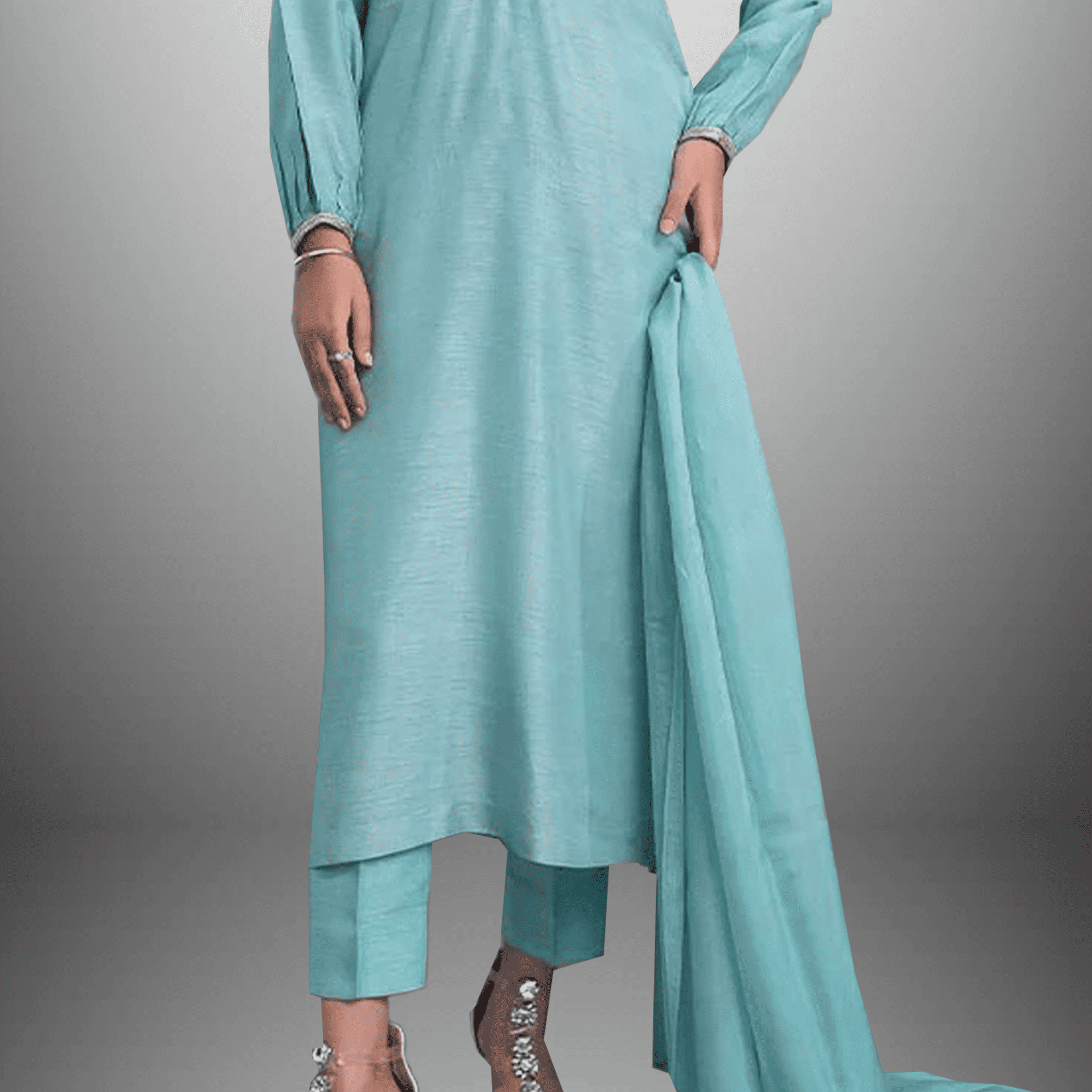Women's Light Blue kurti of V neck with Pant and Dupatta-RWKS076