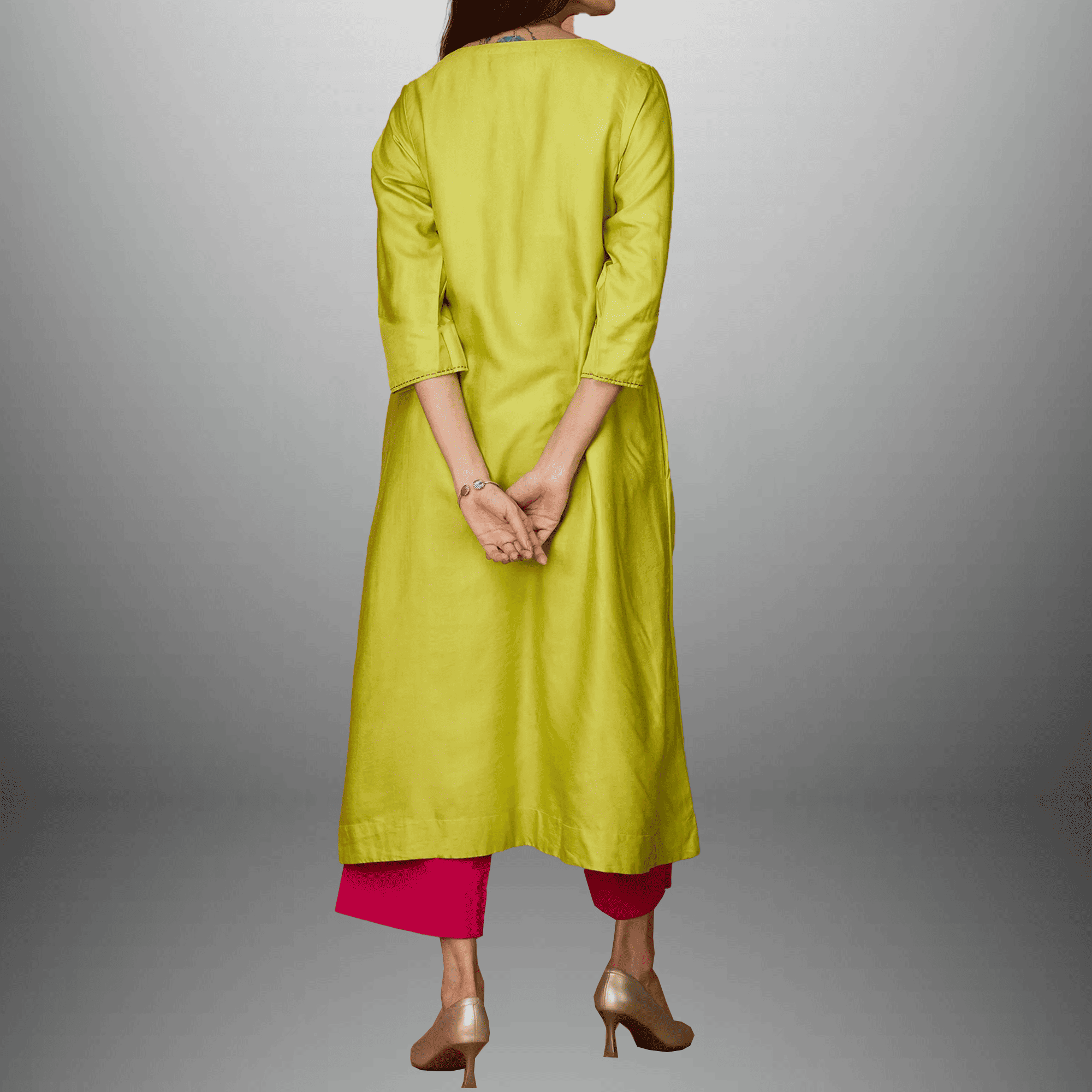 Women's Lime Green Kurti and Pink Bottom with Hand embroidery work-RWKS079