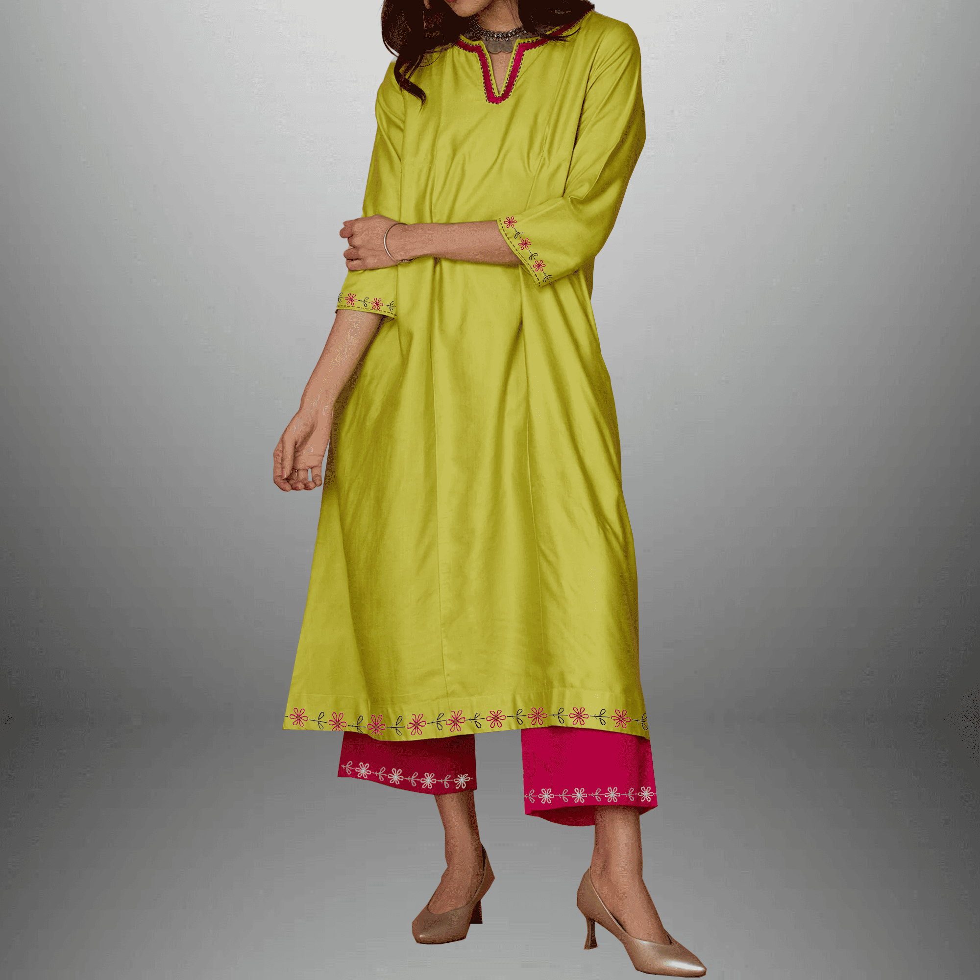 Women's Lime Green Kurti and Pink Bottom with Hand embroidery work-RWKS079