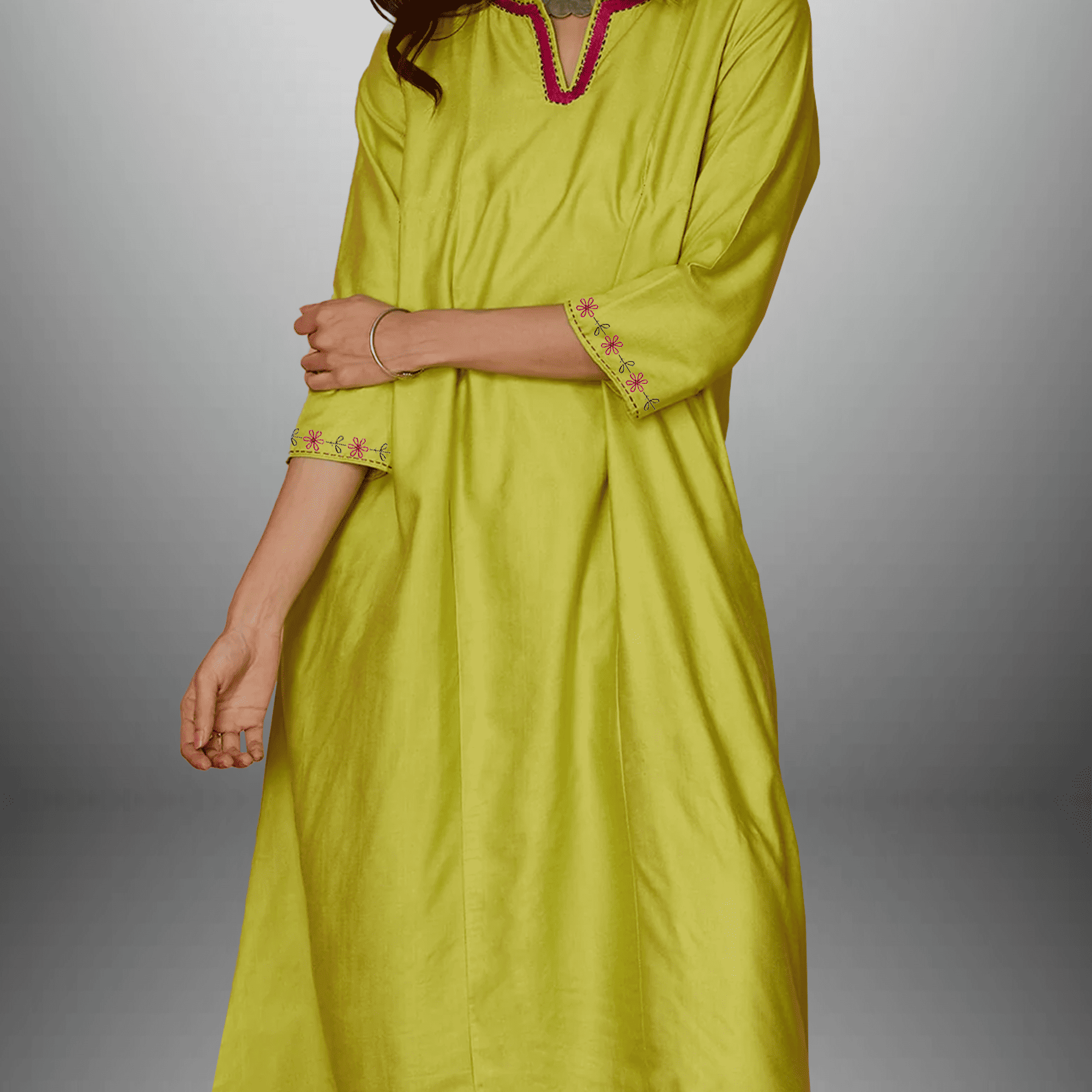 Women's Lime Green Kurti and Pink Bottom with Hand embroidery work-RWKS079