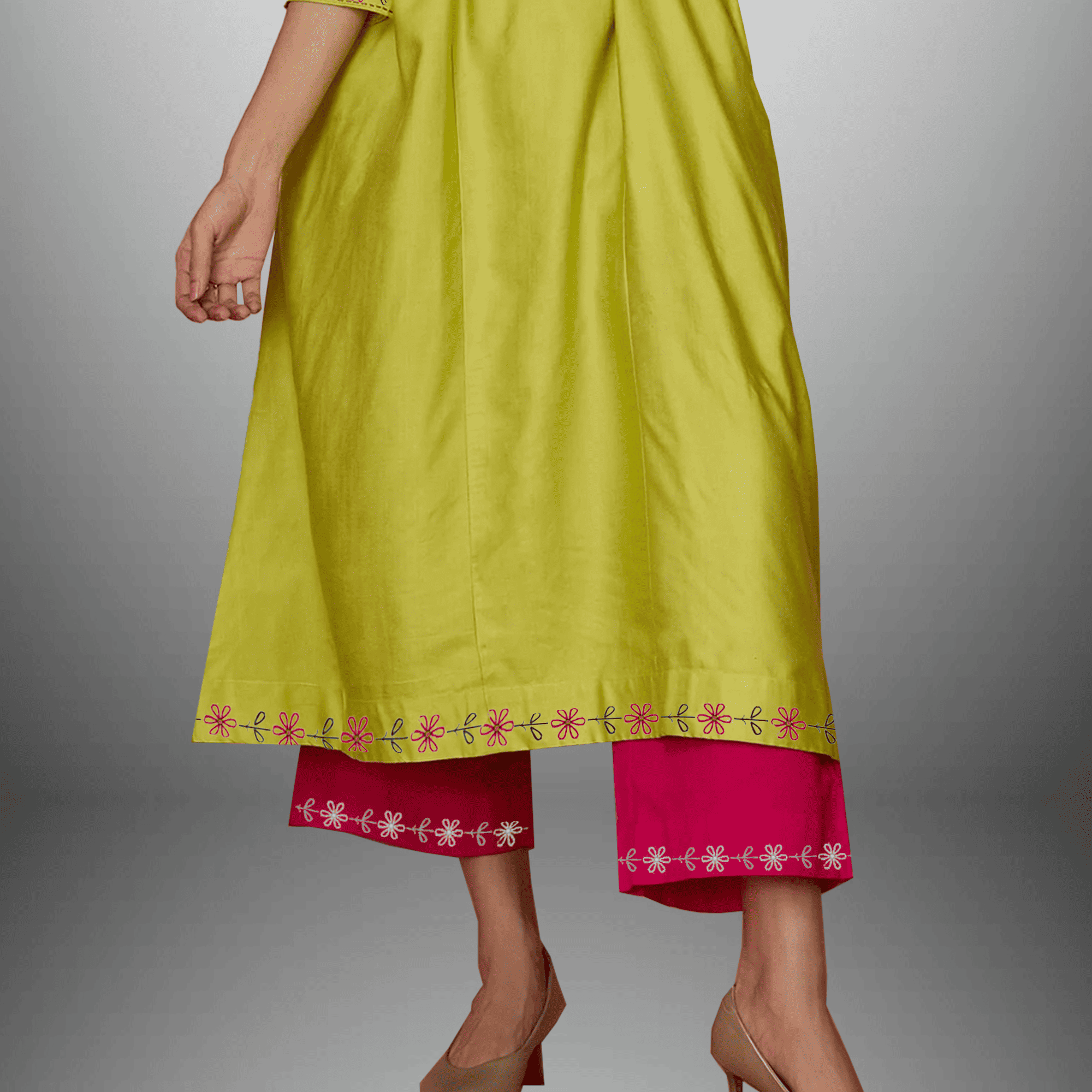 Women's Lime Green Kurti and Pink Bottom with Hand embroidery work-RWKS079