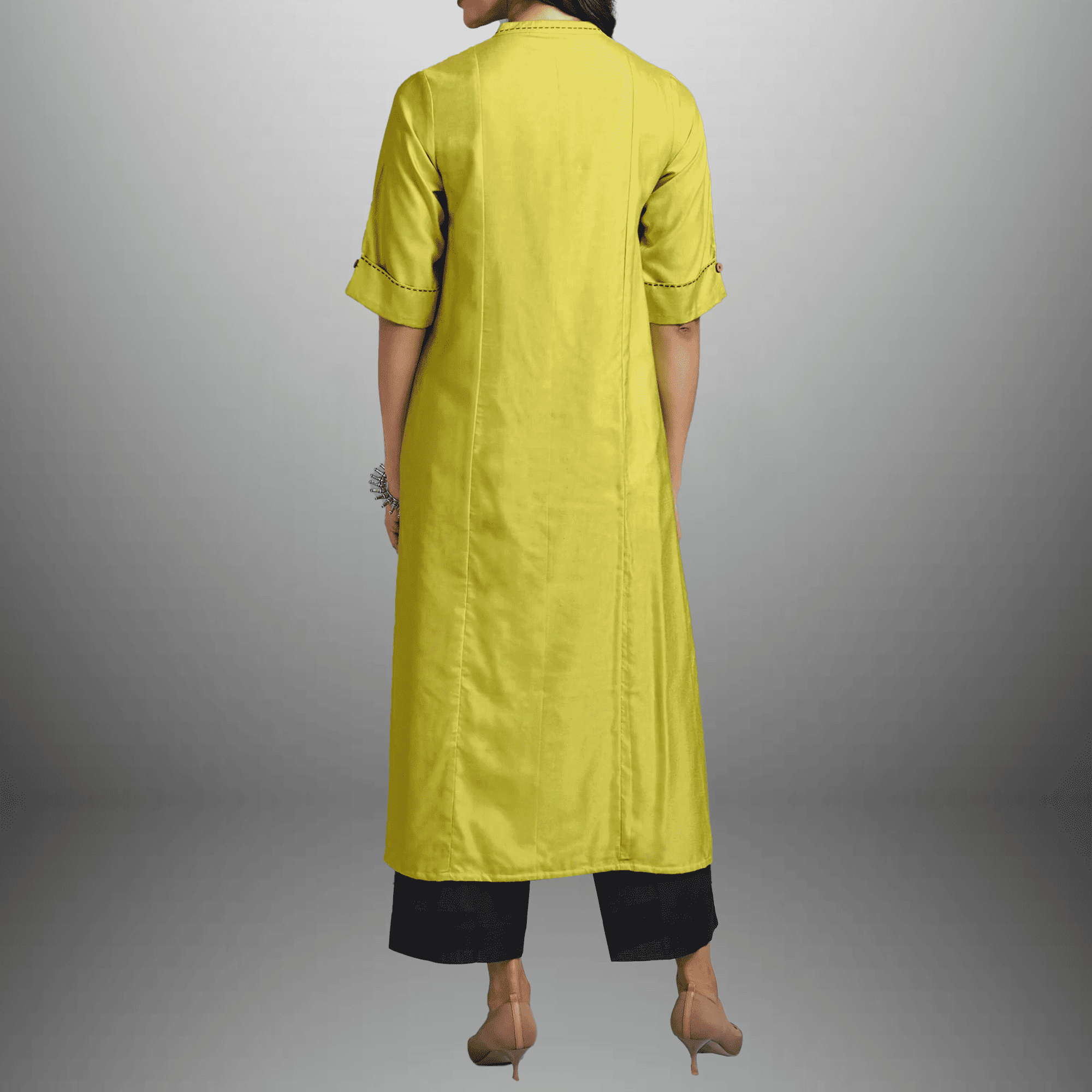 Women's Lime Green Kurti with 3/4th sleeve and Blue Bottom with Embroidery work-RWKS086