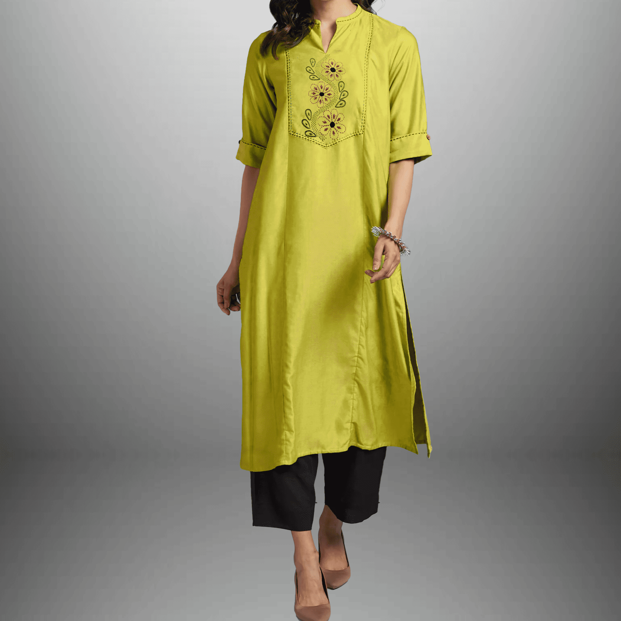 Women's Lime Green Kurti with 3/4th sleeve and Blue Bottom with Embroidery work-RWKS086