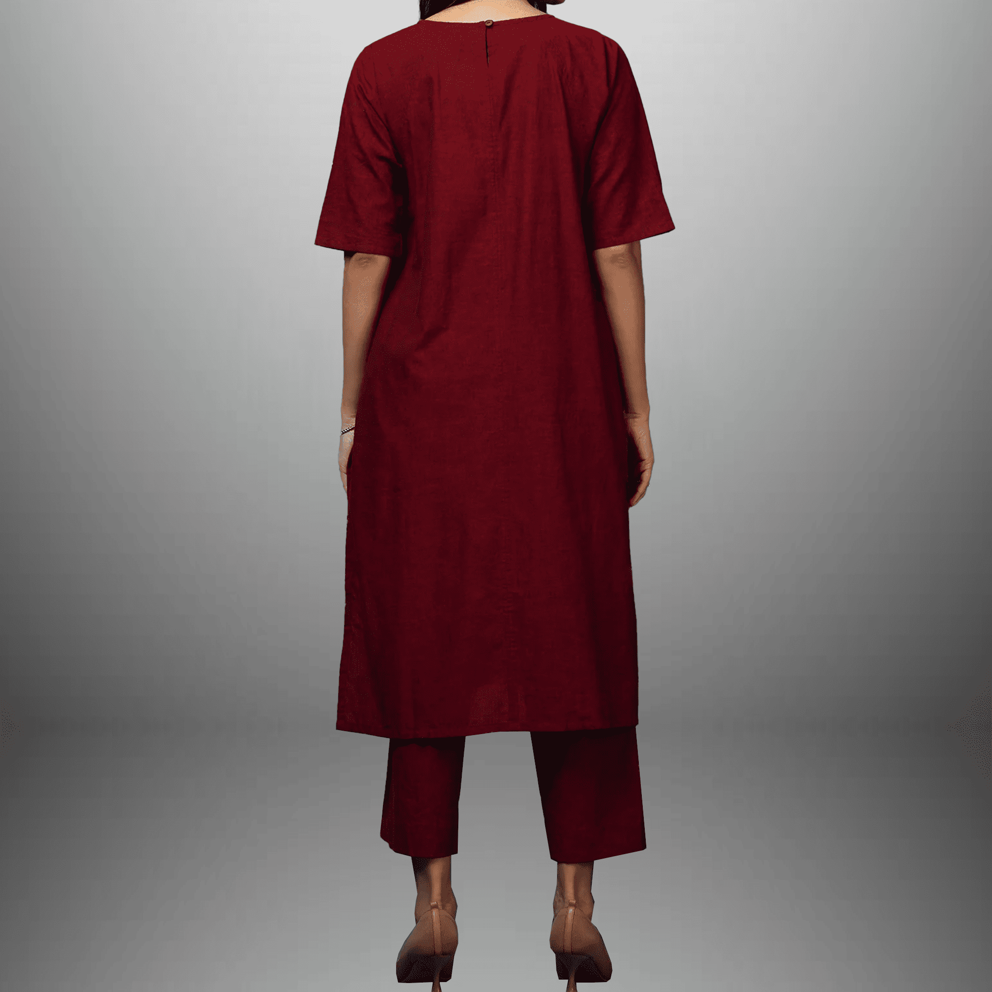 Women's Maroon Kurti Set with Cotrast Embroidery Border work-RWKS085