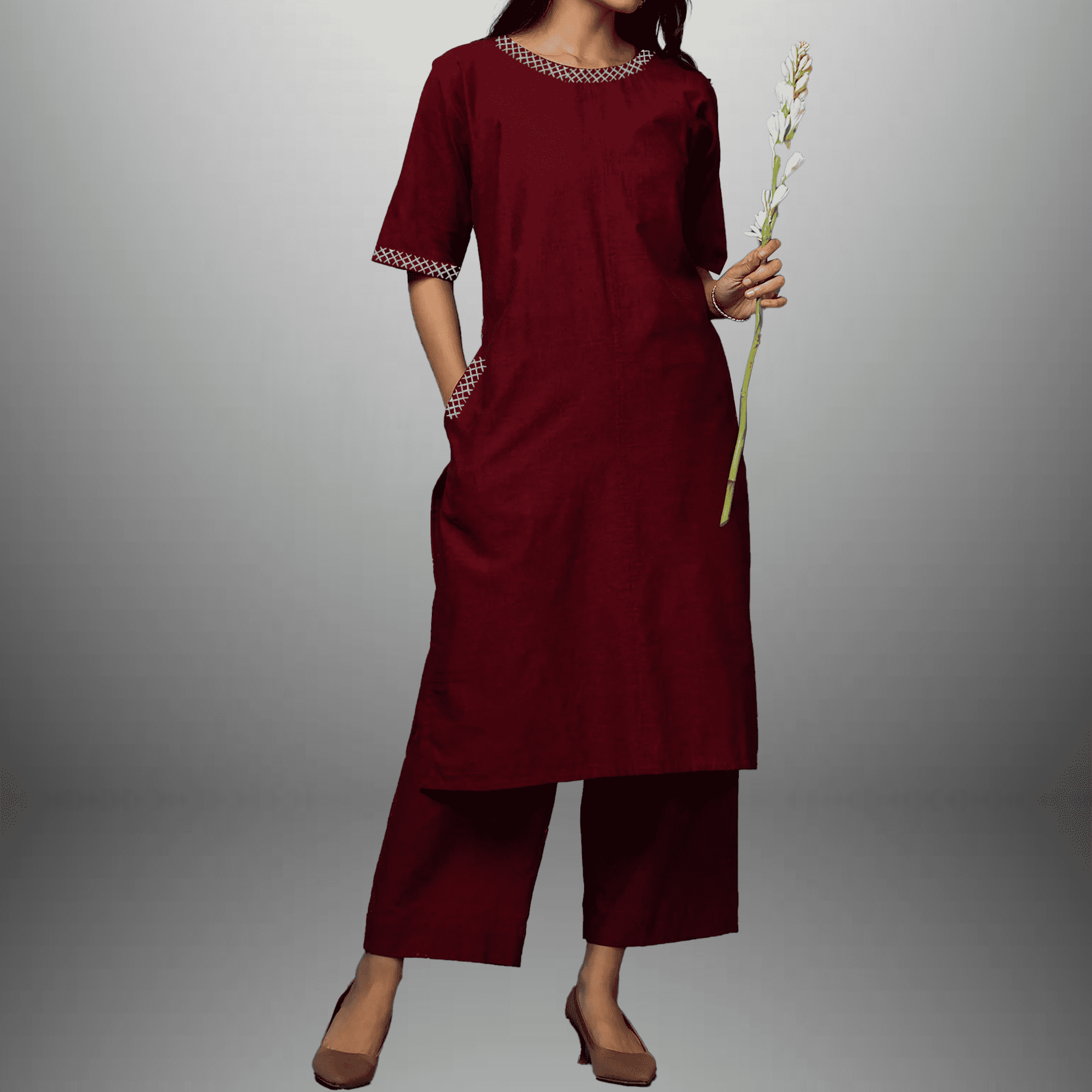 Women's Maroon Kurti Set with Cotrast Embroidery Border work-RWKS085