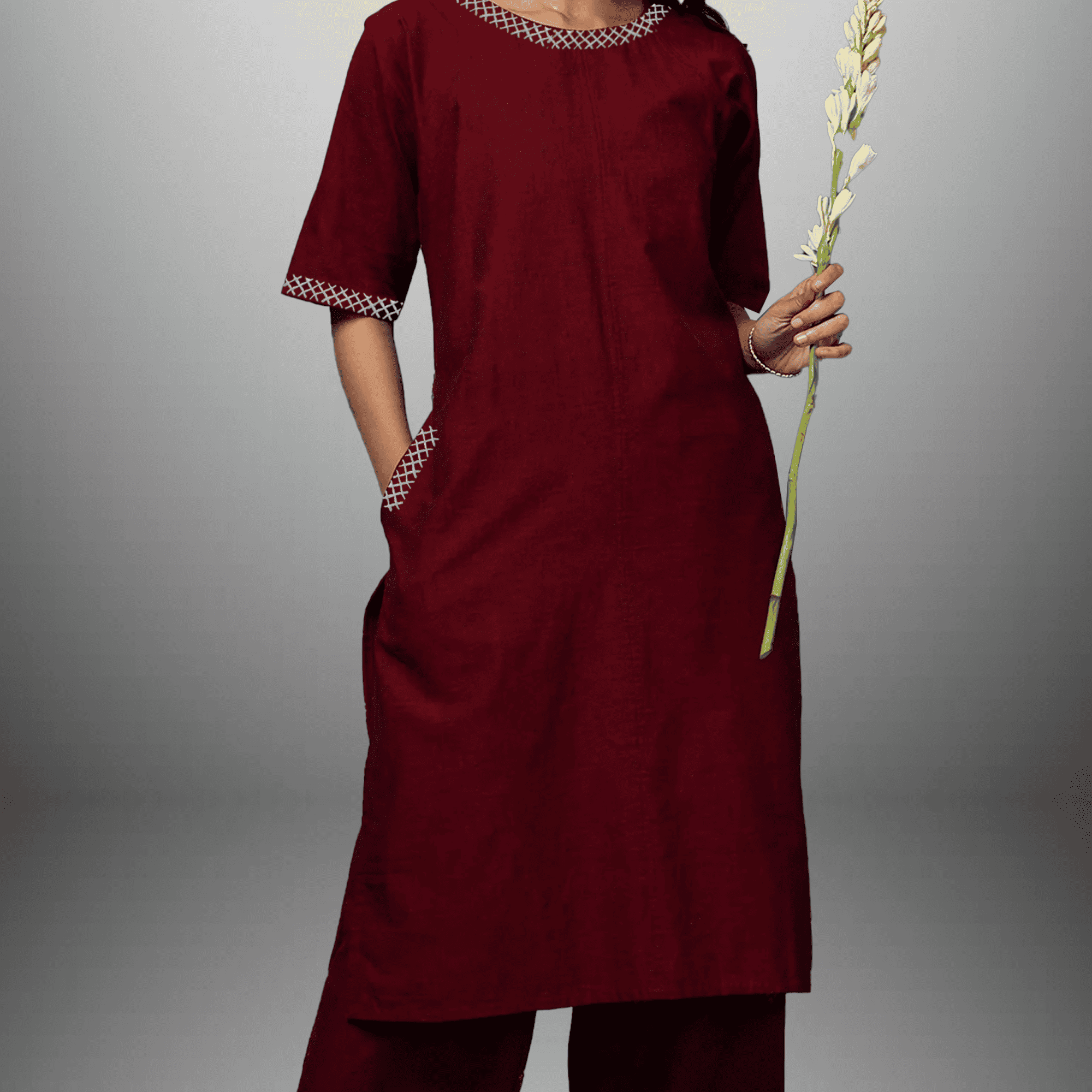 Women's Maroon Kurti Set with Cotrast Embroidery Border work-RWKS085