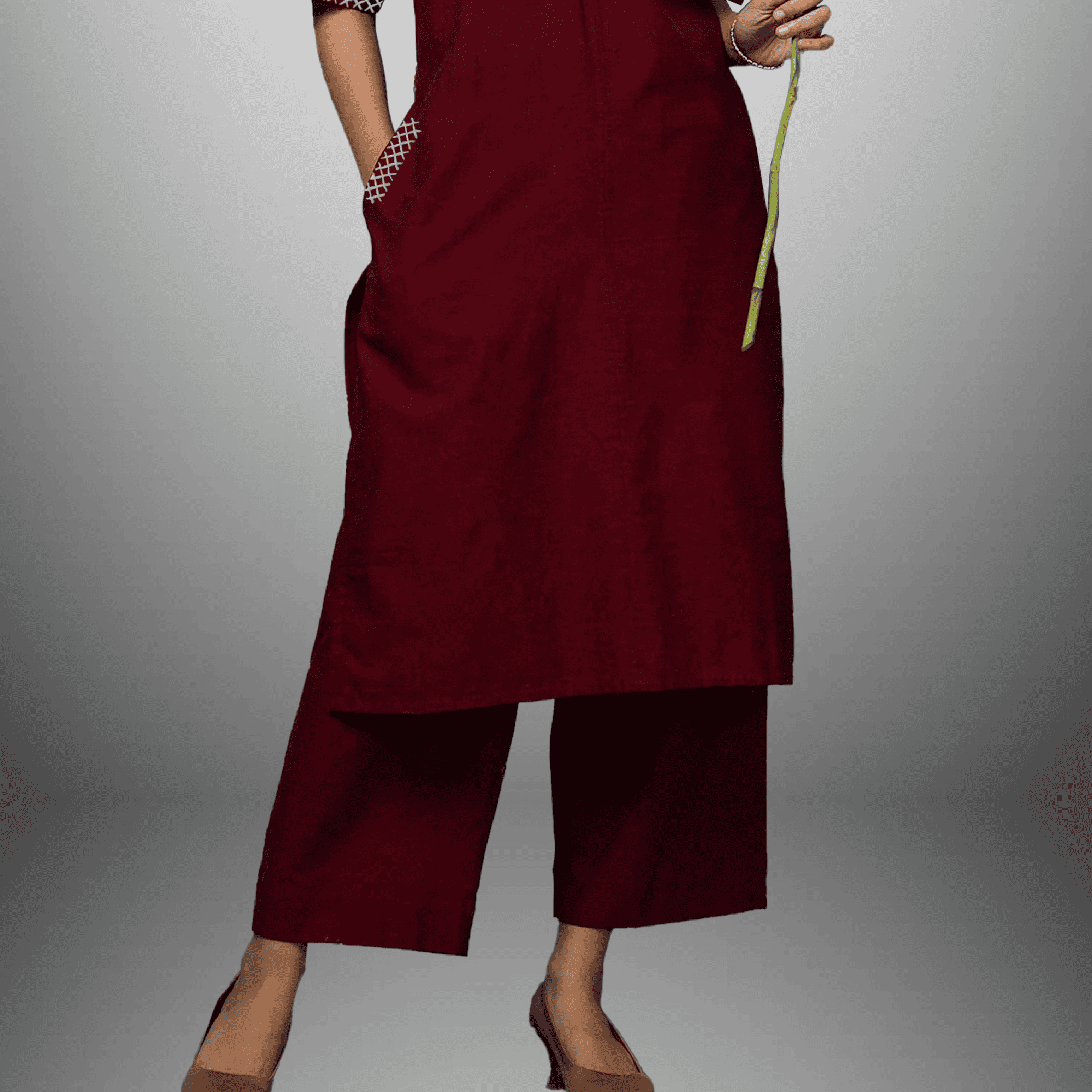 Women's Maroon Kurti Set with Cotrast Embroidery Border work-RWKS085