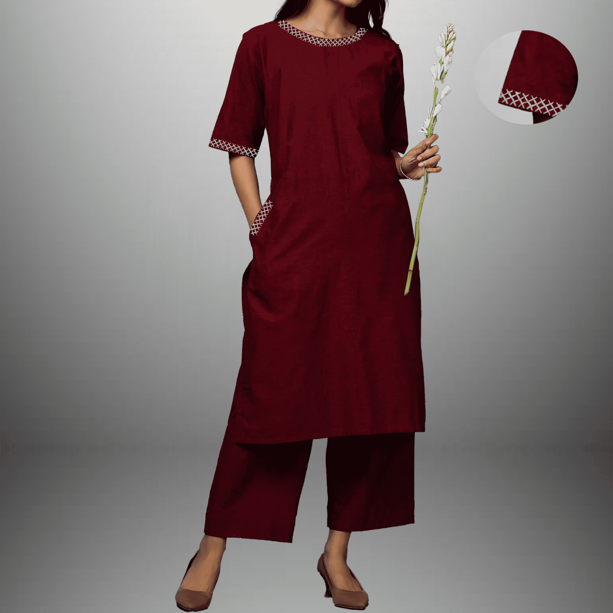 Women's Maroon Kurti Set with Cotrast Embroidery Border work-RWKS085