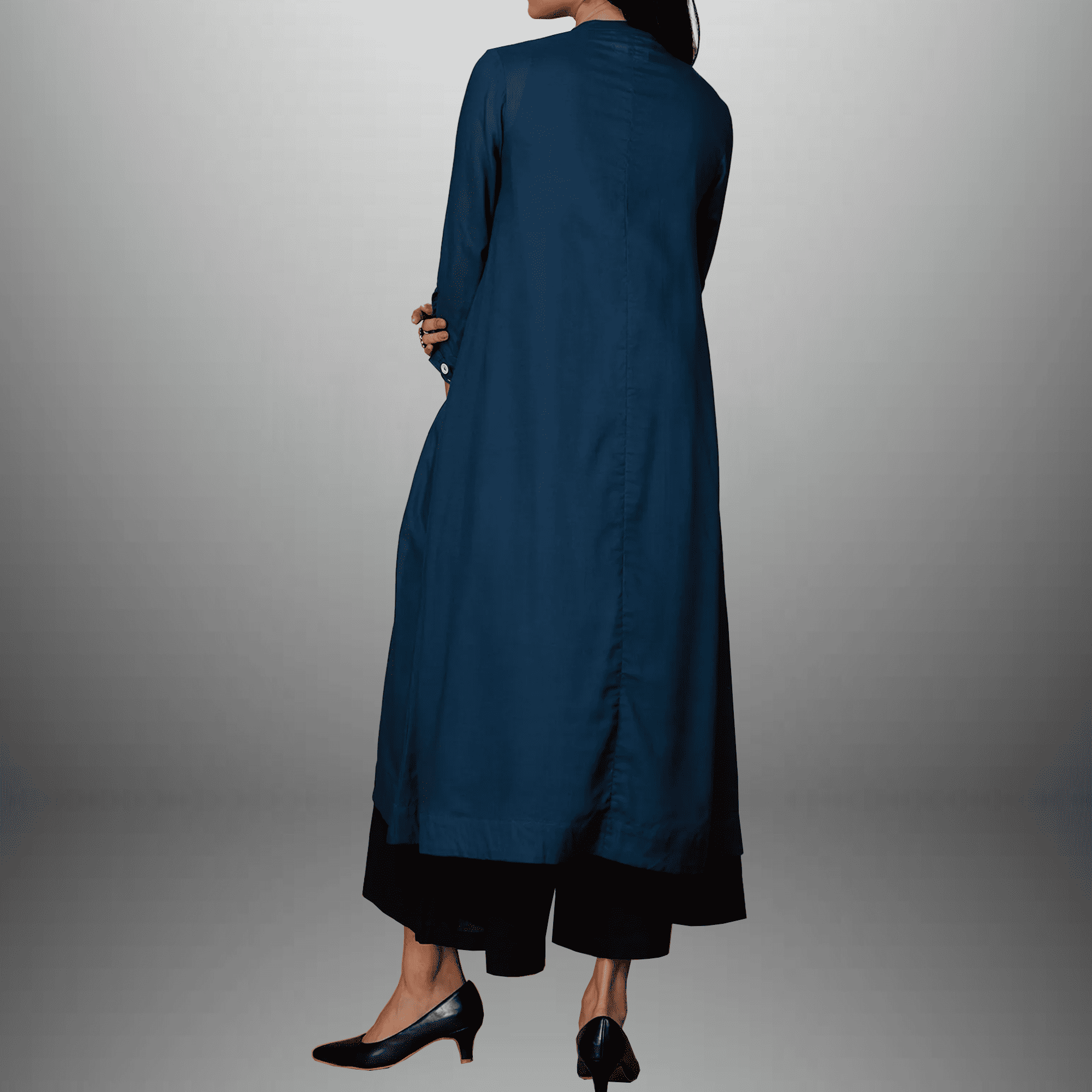 Women's Navy Blue Kurti with pocket and Black flared palazzo with contrast embroidery work-RWKS080