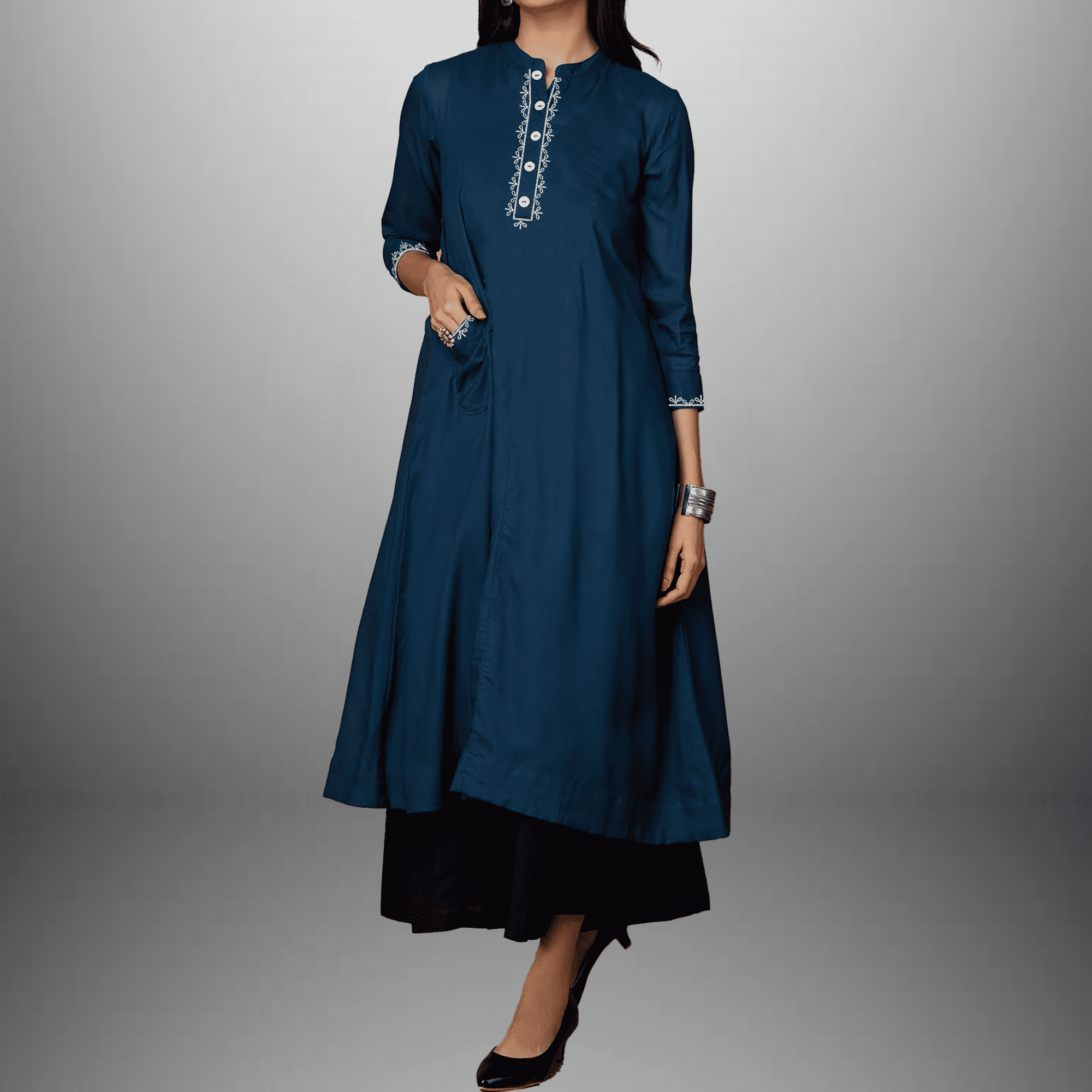 Women's Navy Blue Kurti with pocket and Black flared palazzo with contrast embroidery work-RWKS080