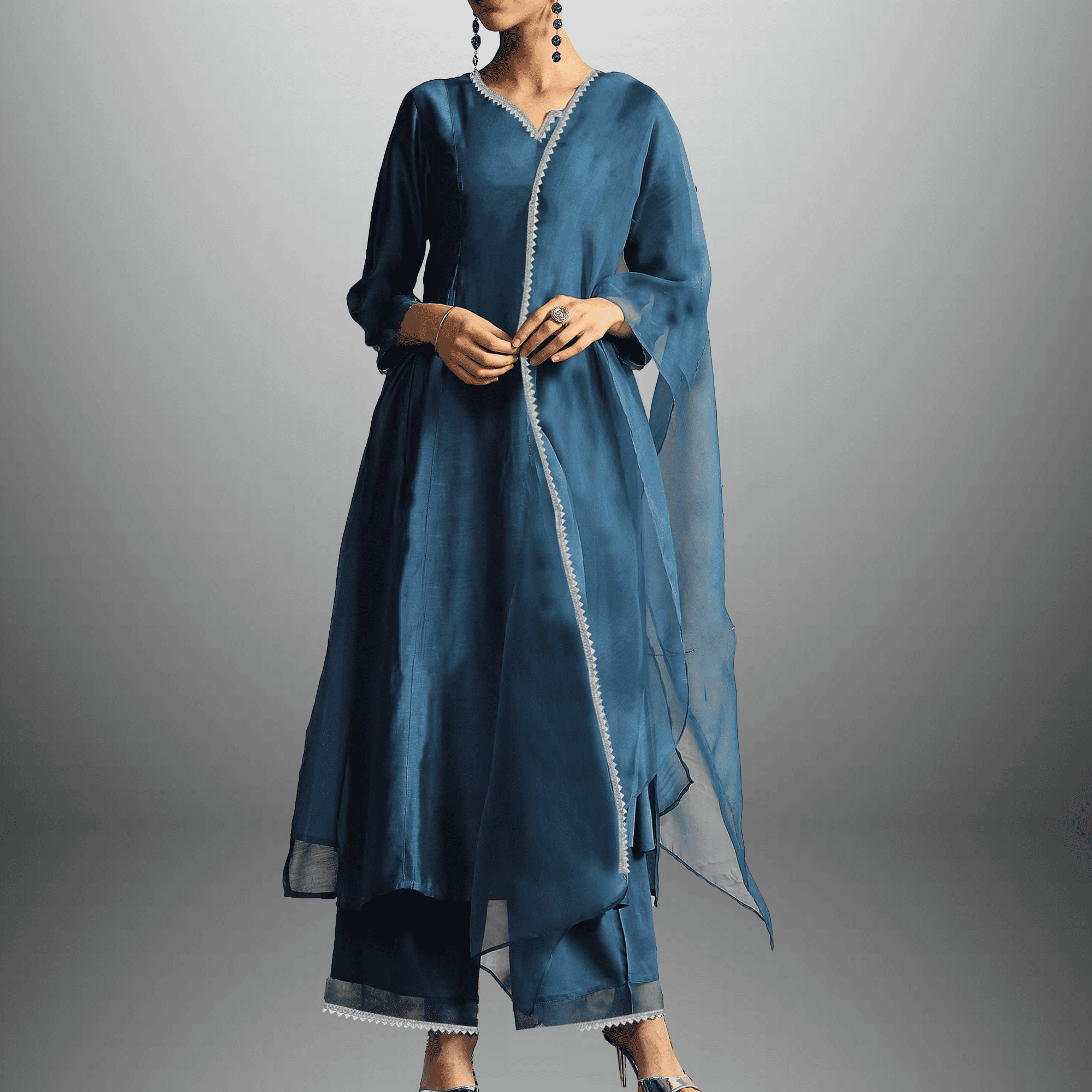 Women's Organza Blue Kurti with lace border with a Pant and Dupatta-RWKS074