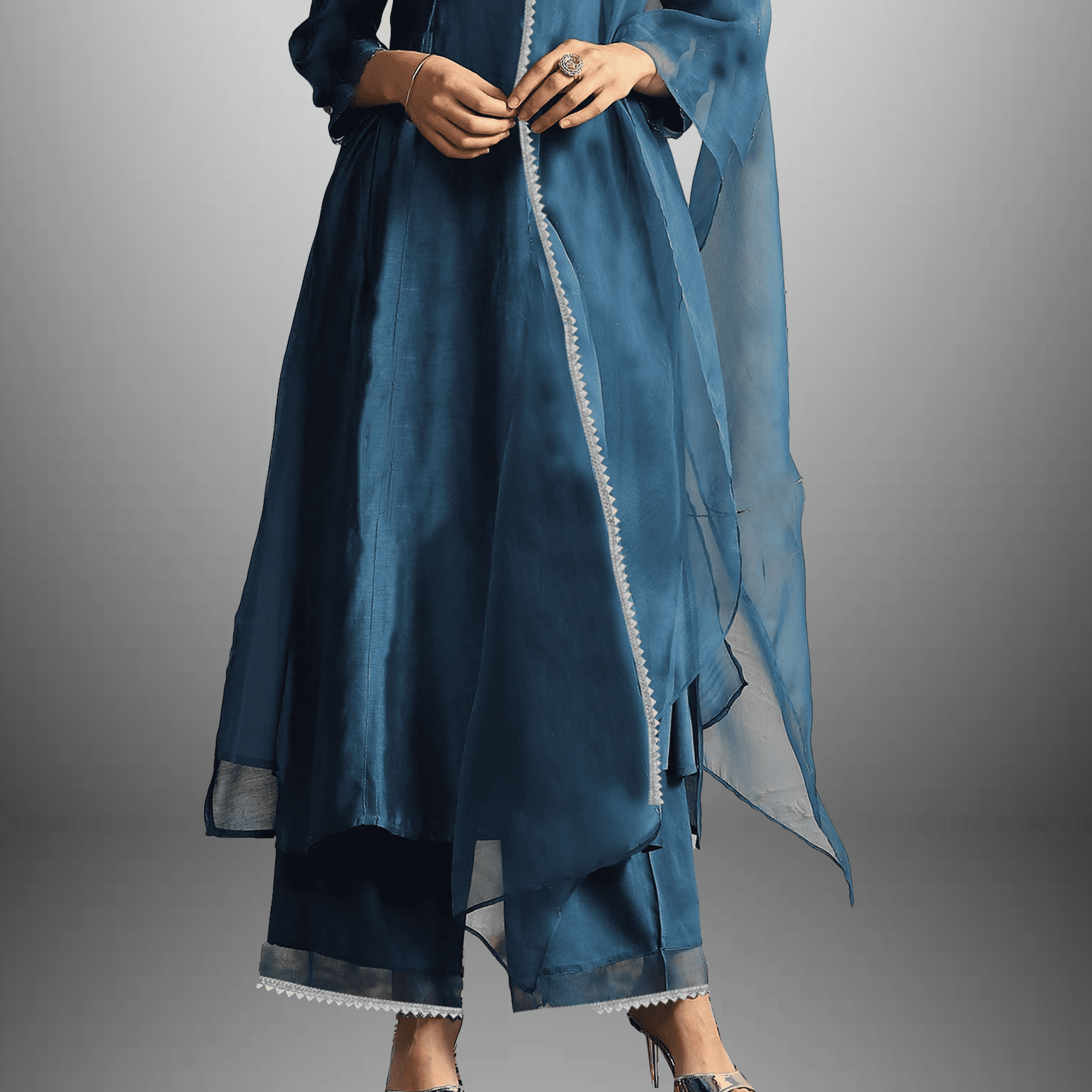 Women's Organza Blue Kurti with lace border with a Pant and Dupatta-RWKS074