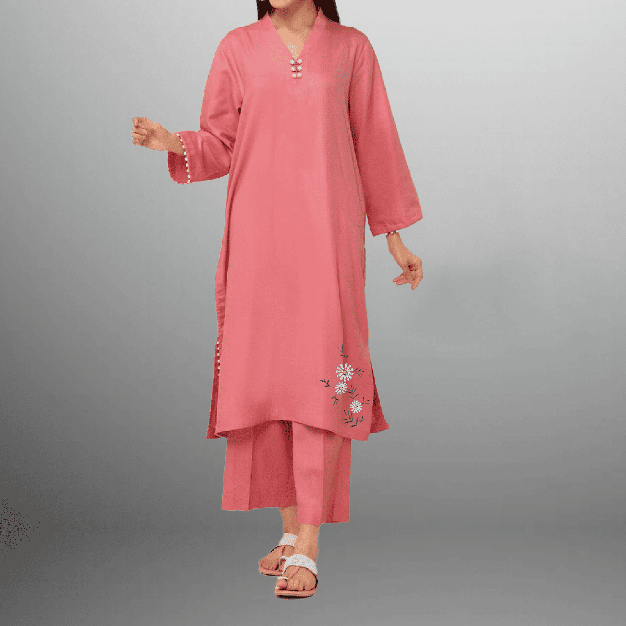 Women's Peach kurti with pearl embellishment and Floral motif with pant-RWKS072