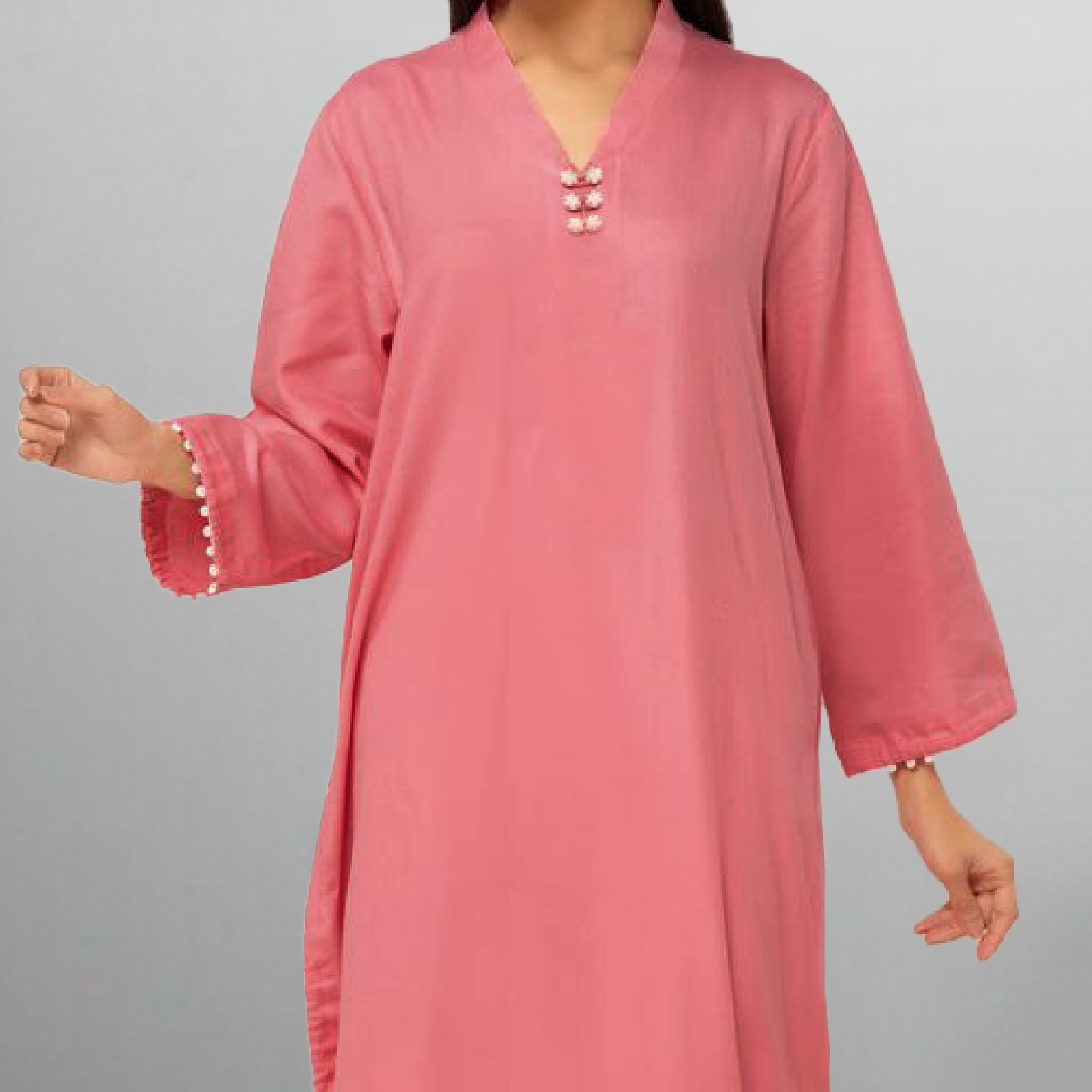 Women's Peach kurti with pearl embellishment and Floral motif with pant-RWKS072