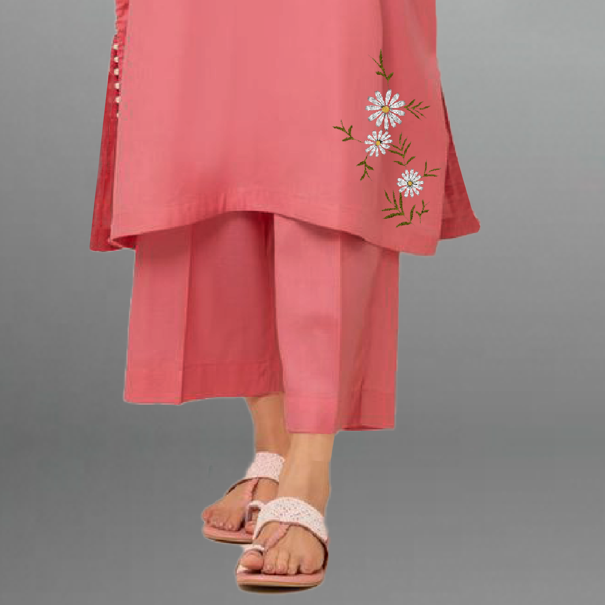 Women's Peach kurti with pearl embellishment and Floral motif with pant-RWKS072