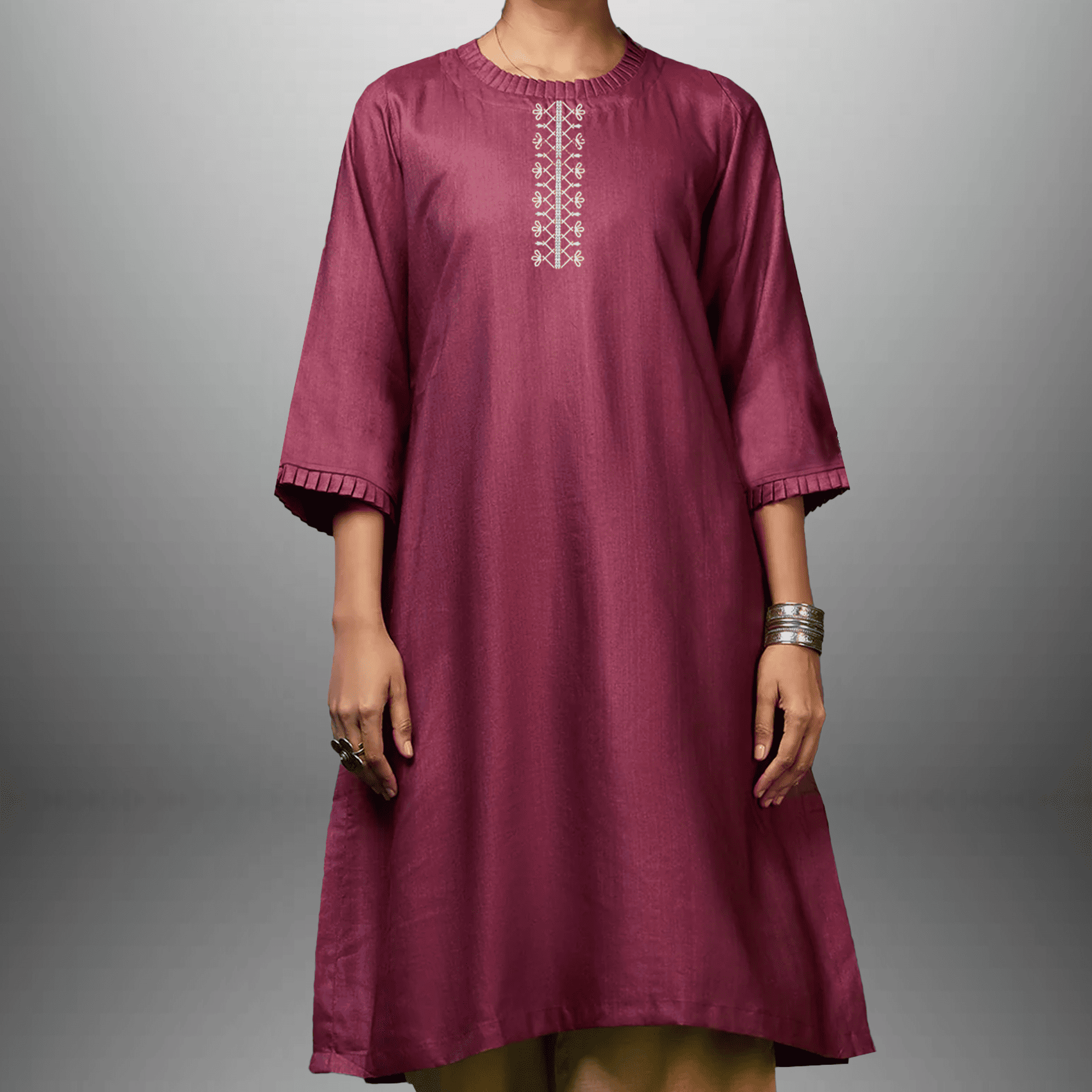 Women's Rouge Pink Kurti with with Embroidery work on Top and Lime Green Palazzo-RWKS083