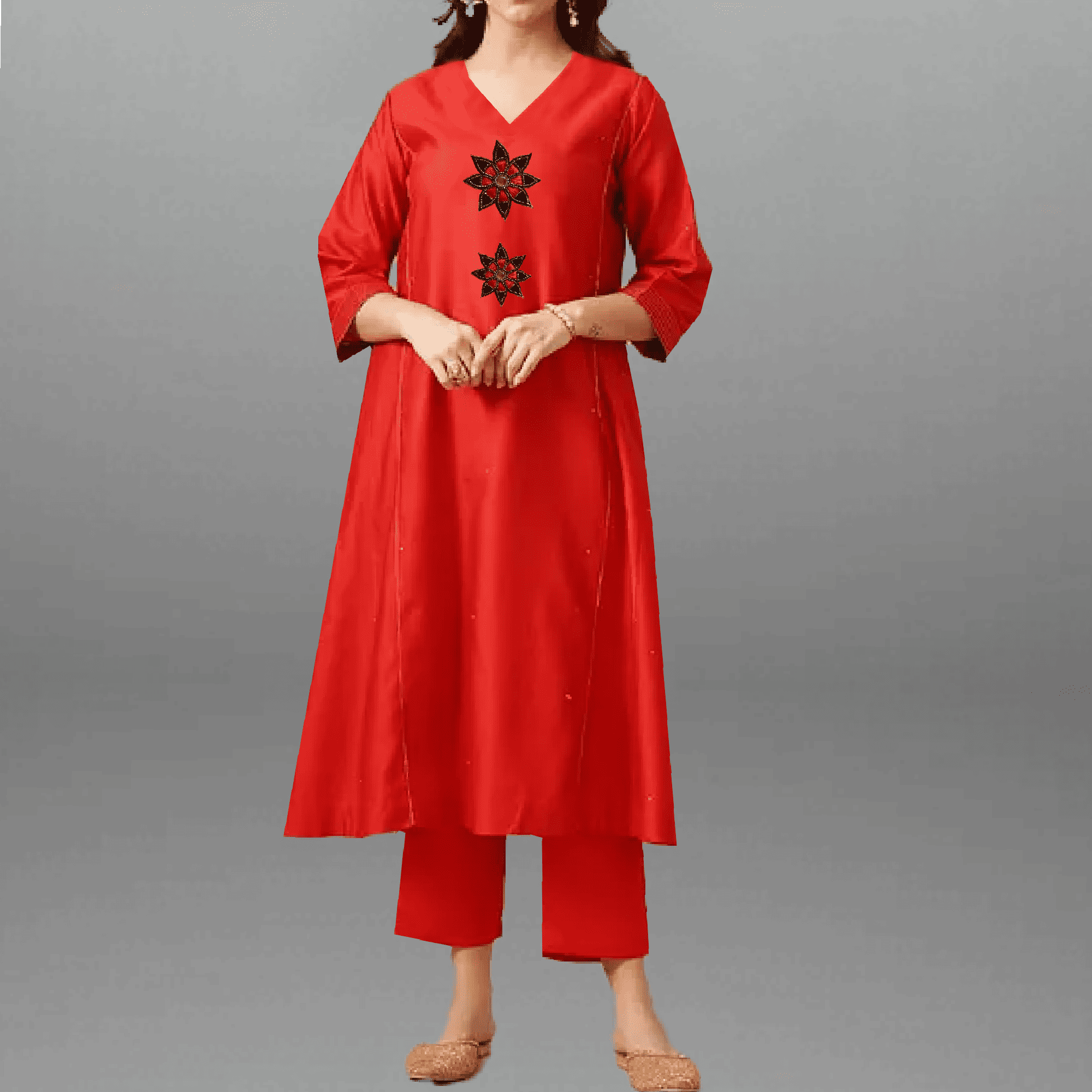 Women's Tomato Red Kurti set with Embroidery work-RWKS088