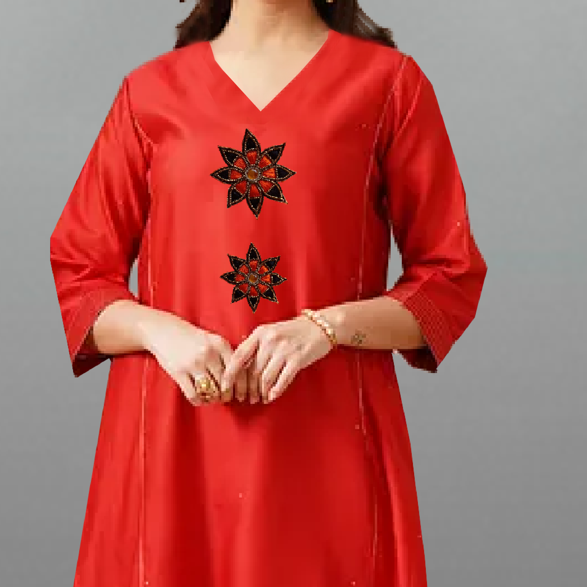 Women's Tomato Red Kurti set with Embroidery work-RWKS088