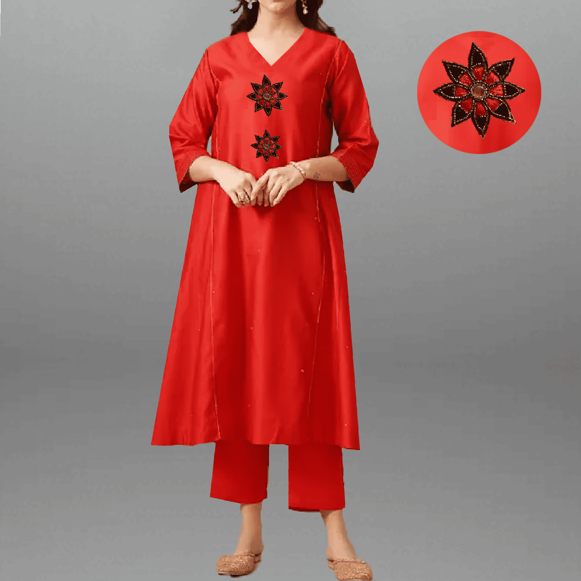 Women's Tomato Red Kurti set with Embroidery work-RWKS088