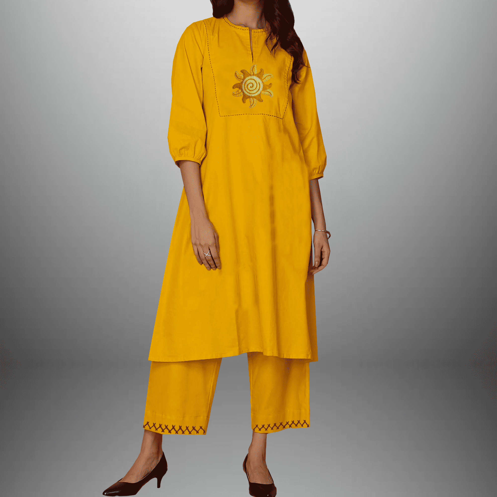 Women's Yellow Kurti Set with Embroidery work-RWKS084