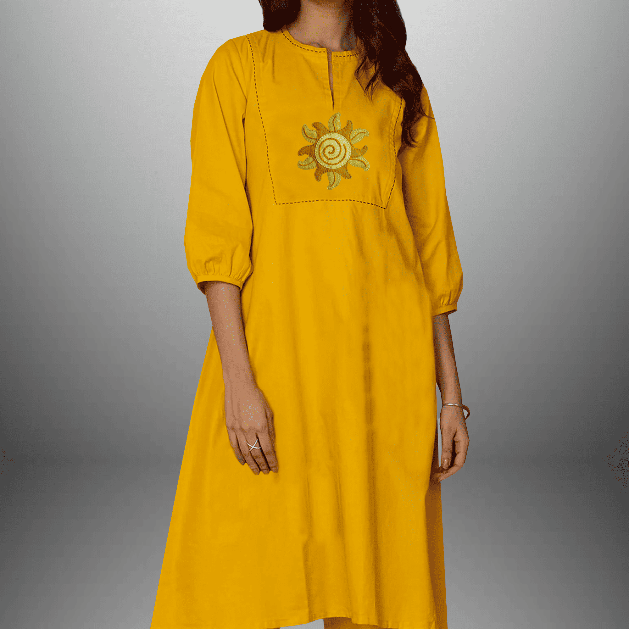 Women's Yellow Kurti Set with Embroidery work-RWKS084