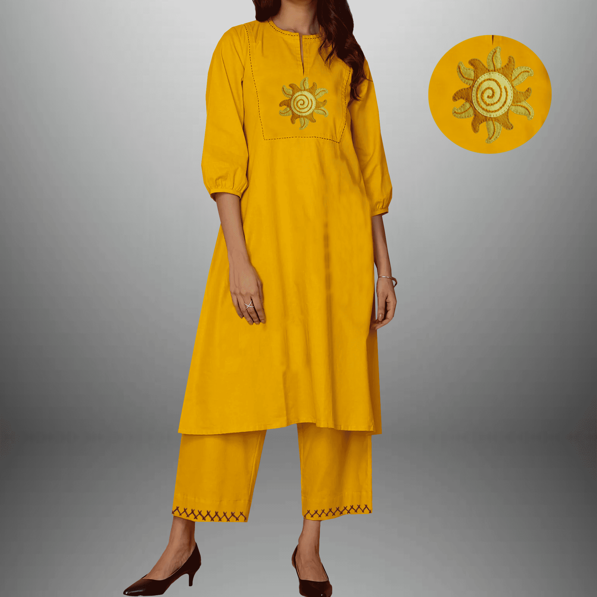 Women's Yellow Kurti Set with Embroidery work-RWKS084