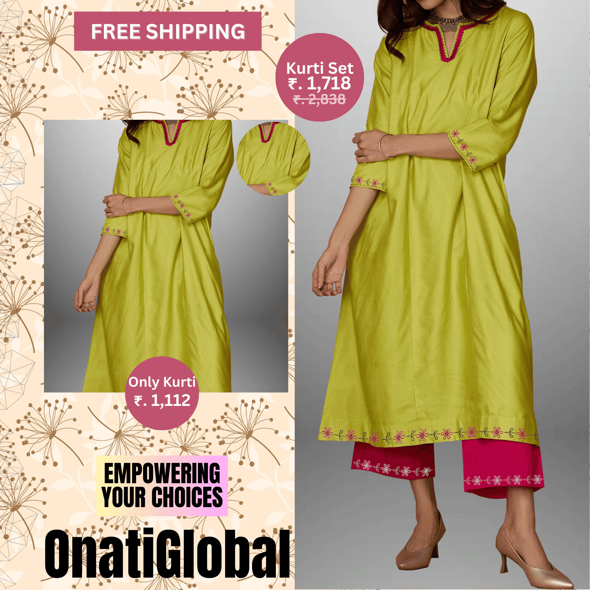 Women's Lime Green Kurti and Pink Bottom with Hand embroidery work-RWKS079