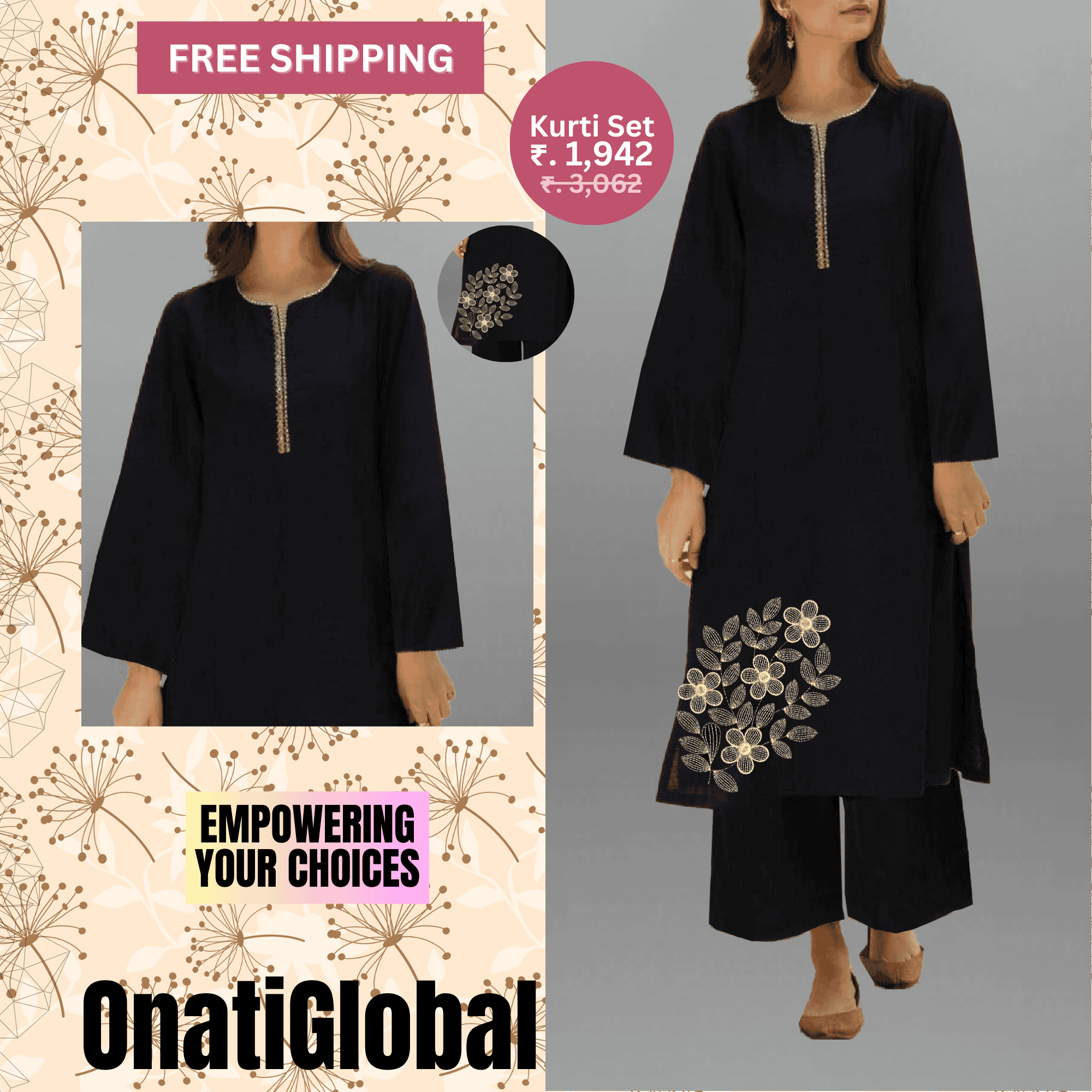 Women's Dark Blue Kurti set with Lace and Embroidery work-RWKS087