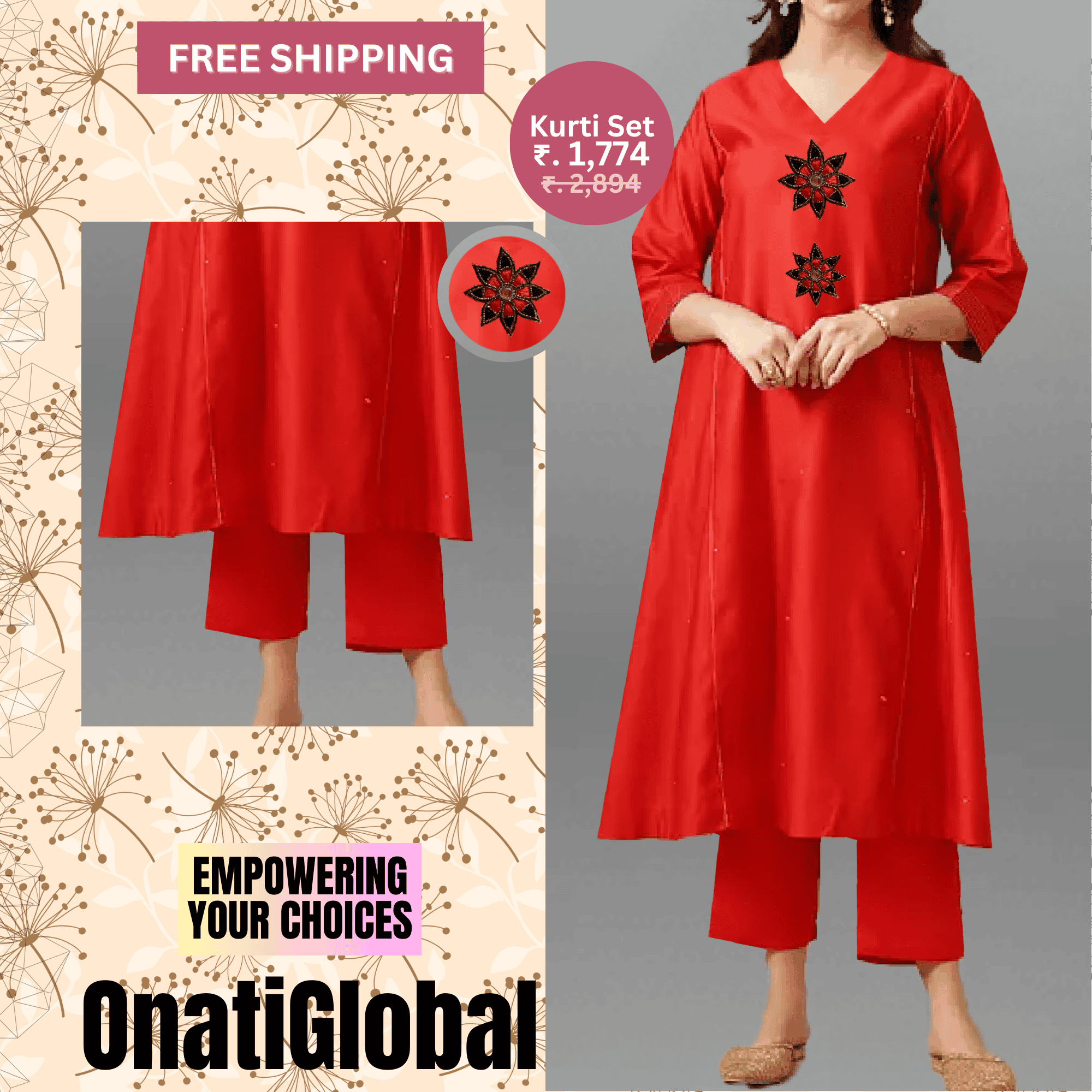Women's Tomato Red Kurti set with Embroidery work-RWKS088