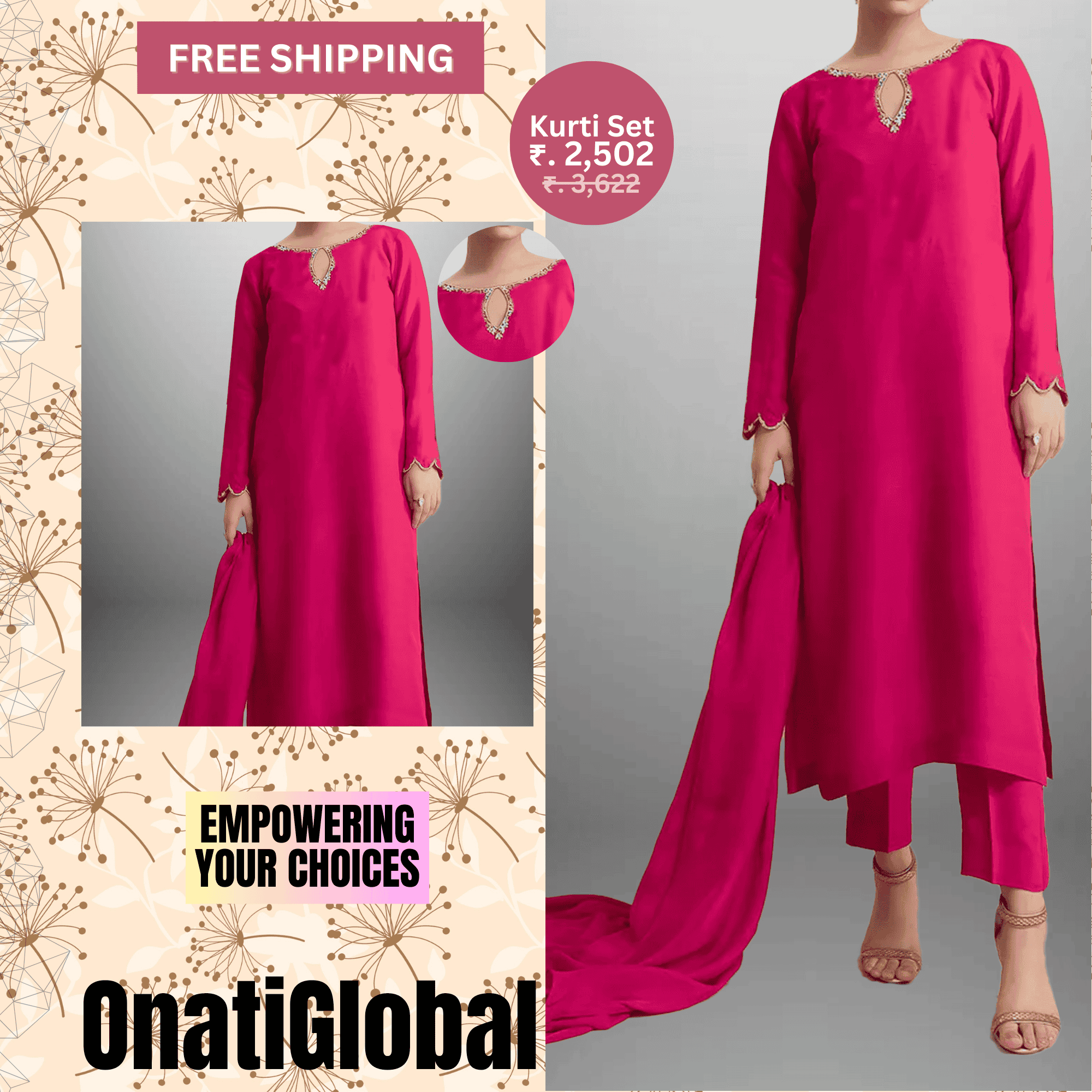 Women's Fuchsia Pink kurti with Pant and Dupatta-RWKS075