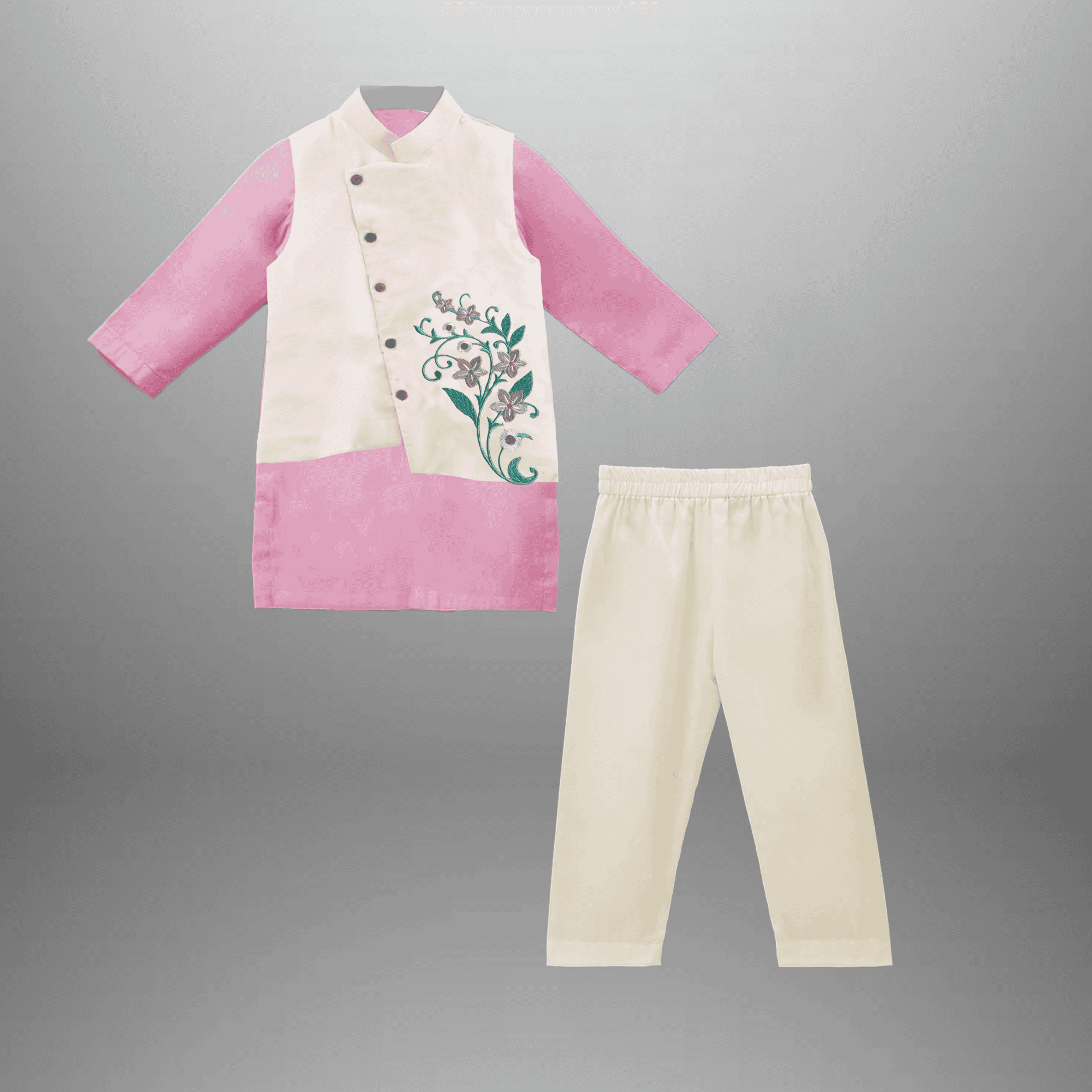 Boy's 3 piece set of  Pink Kurta, Off white Pajama and  asymmetric front  waistcoat -RKFCW562
