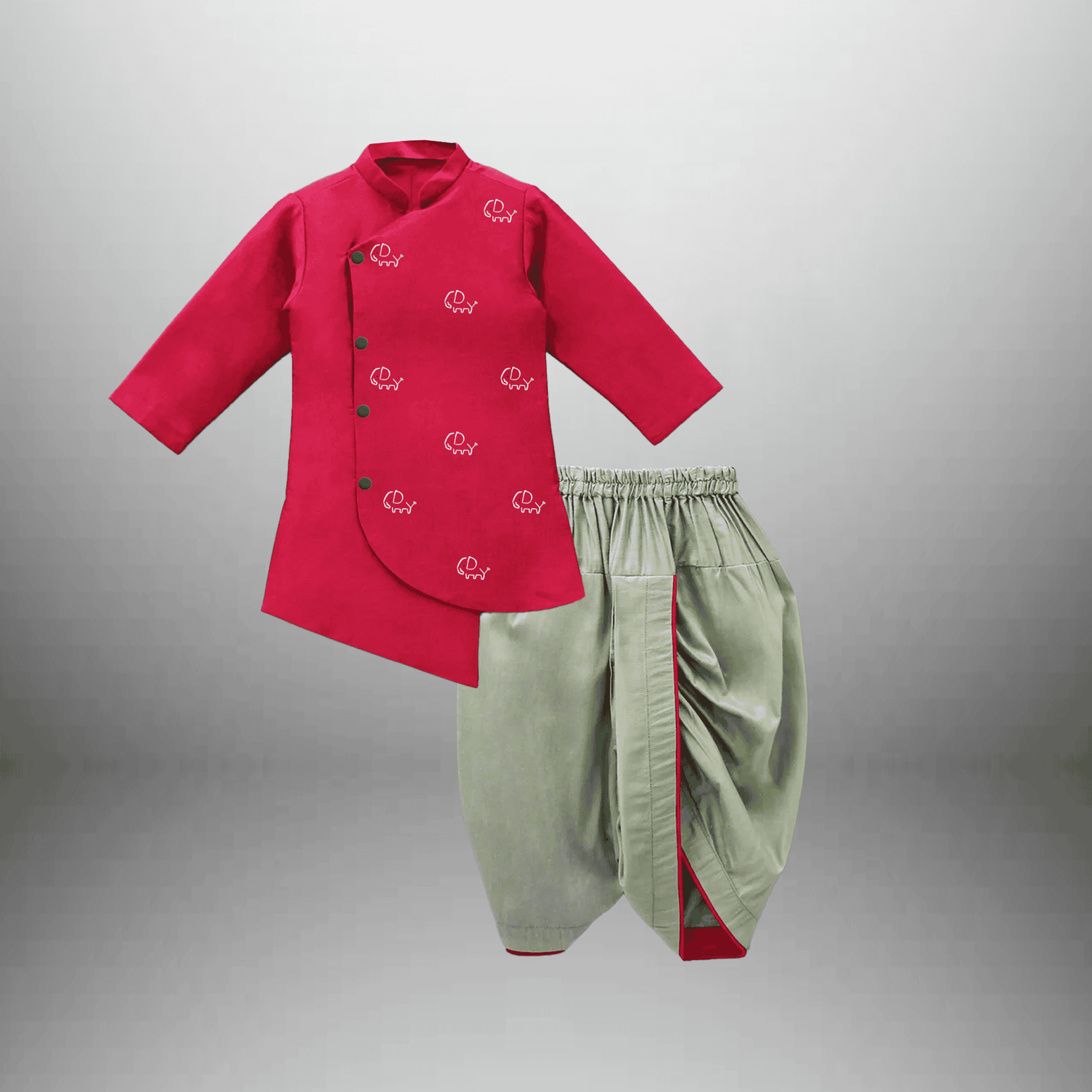 Boy's 2 piece set of Olive Gray colored Dhoti and asymmetric front kurta -RKFCW561