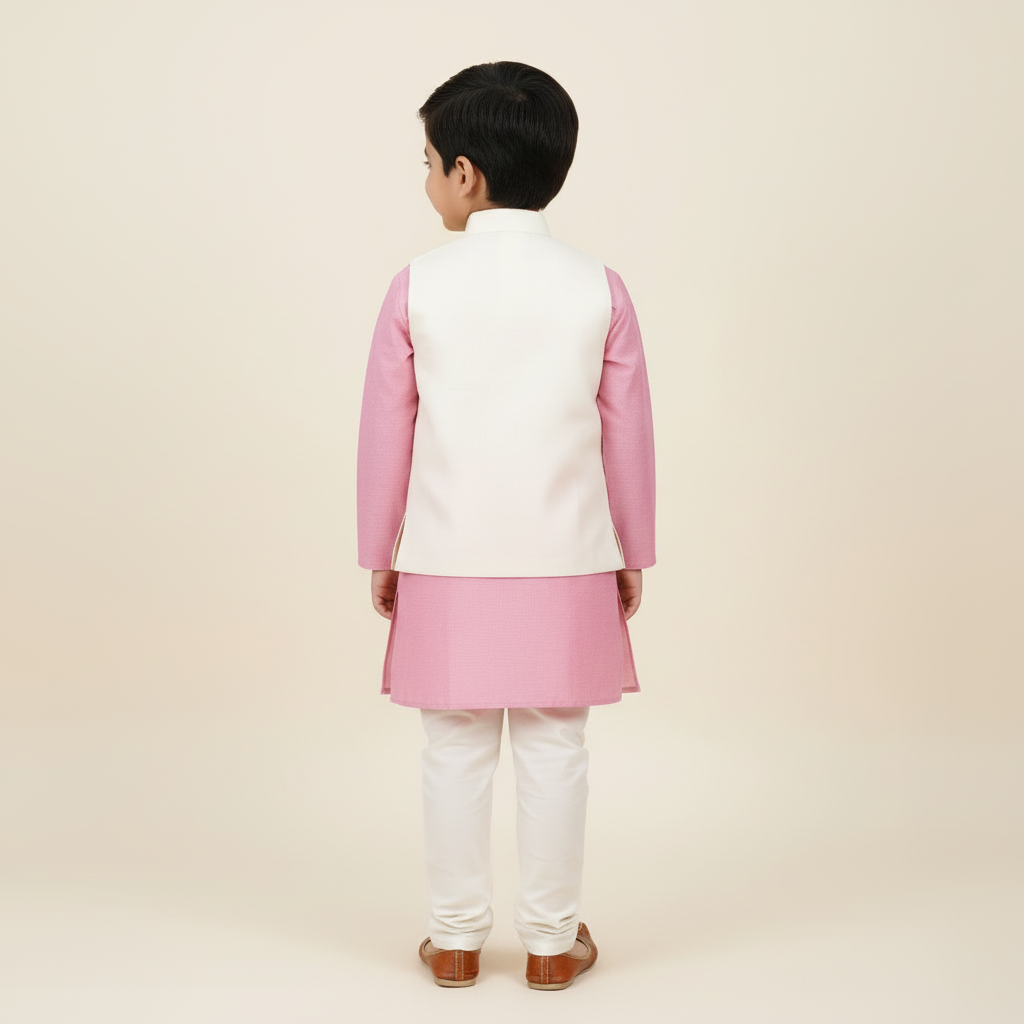 Boy's 3 piece set of Pink Kurta, Off white Pajama and asymmetric front waistcoat -RKFCW562 - Image 6