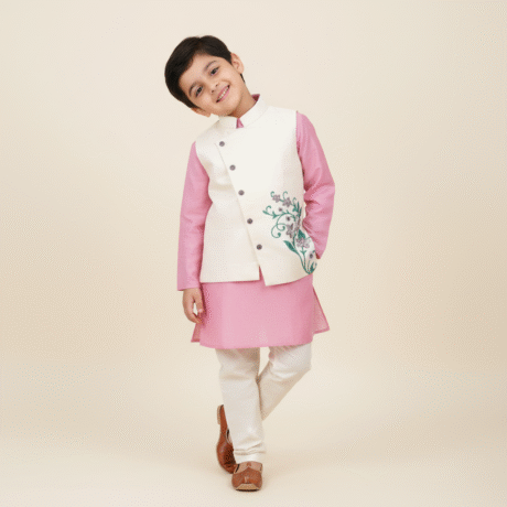 Boy's 3 piece set of  Pink Kurta, Off white Pajama and  asymmetric front  waistcoat -RKFCW562