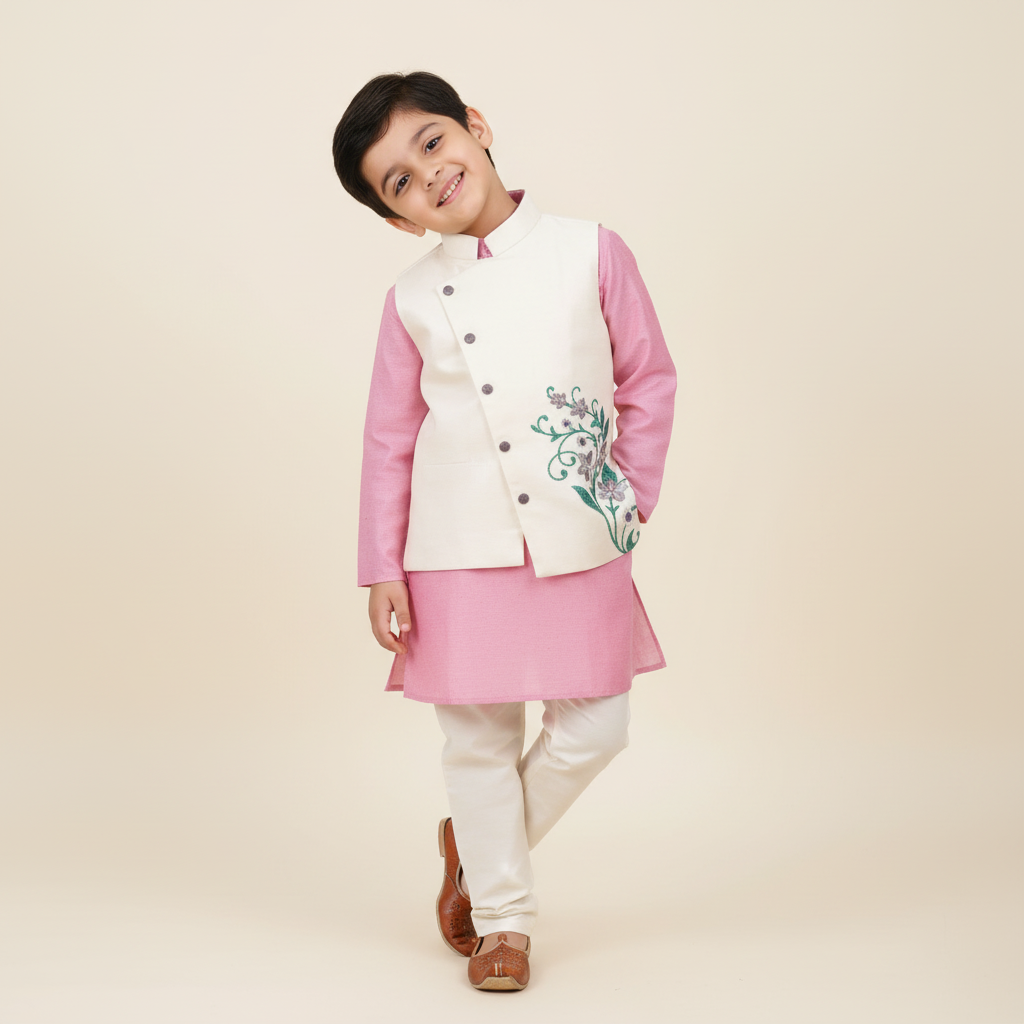 Boy's 3 piece set of Pink Kurta, Off white Pajama and asymmetric front waistcoat -RKFCW562