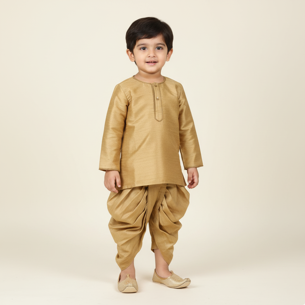 Toddler's 2 piece set with golden kurta and dhoti -RKFCTT119