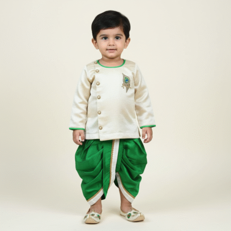 Toddler's green dhoti and off white top set-RKFCTT120