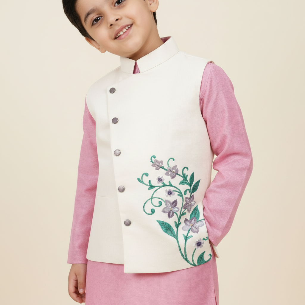 Boy's 3 piece set of Pink Kurta, Off white Pajama and asymmetric front waistcoat -RKFCW562 - Image 5