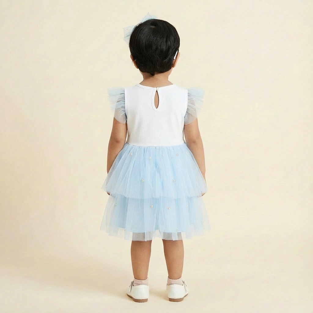 Girl's white and sky blue party dress with pearl embellishment and a free hair band- RKFCW575 - Image 4