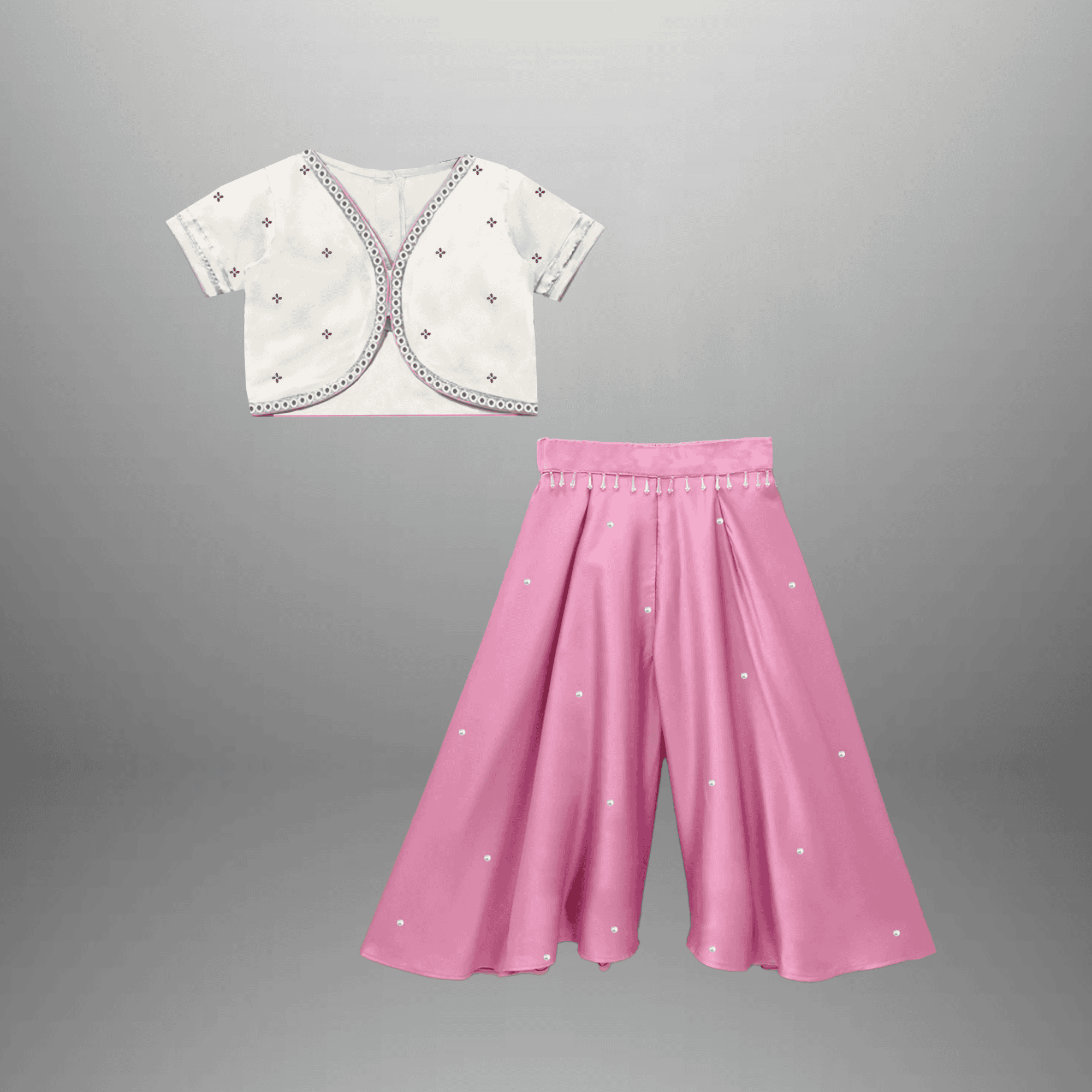 Girl's Two piece set of  Pink Pleated Palazzo with Off White Blouson Crop Top-RKFCW564
