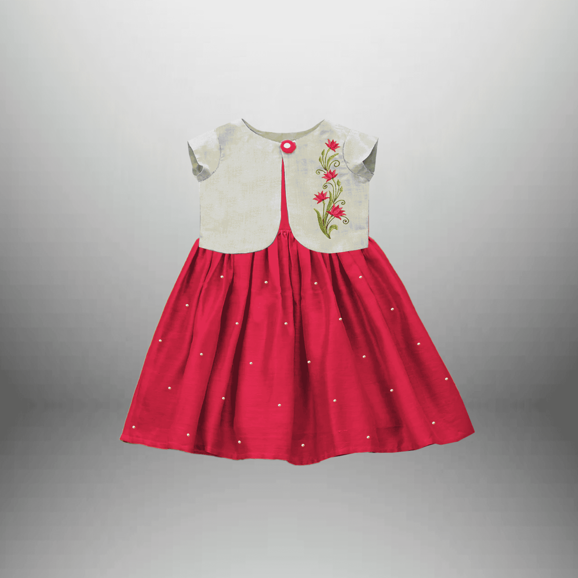 Girl's Two piece set of  Olive gray Outer with Red sleeveless Flared Dress-RKFCW563